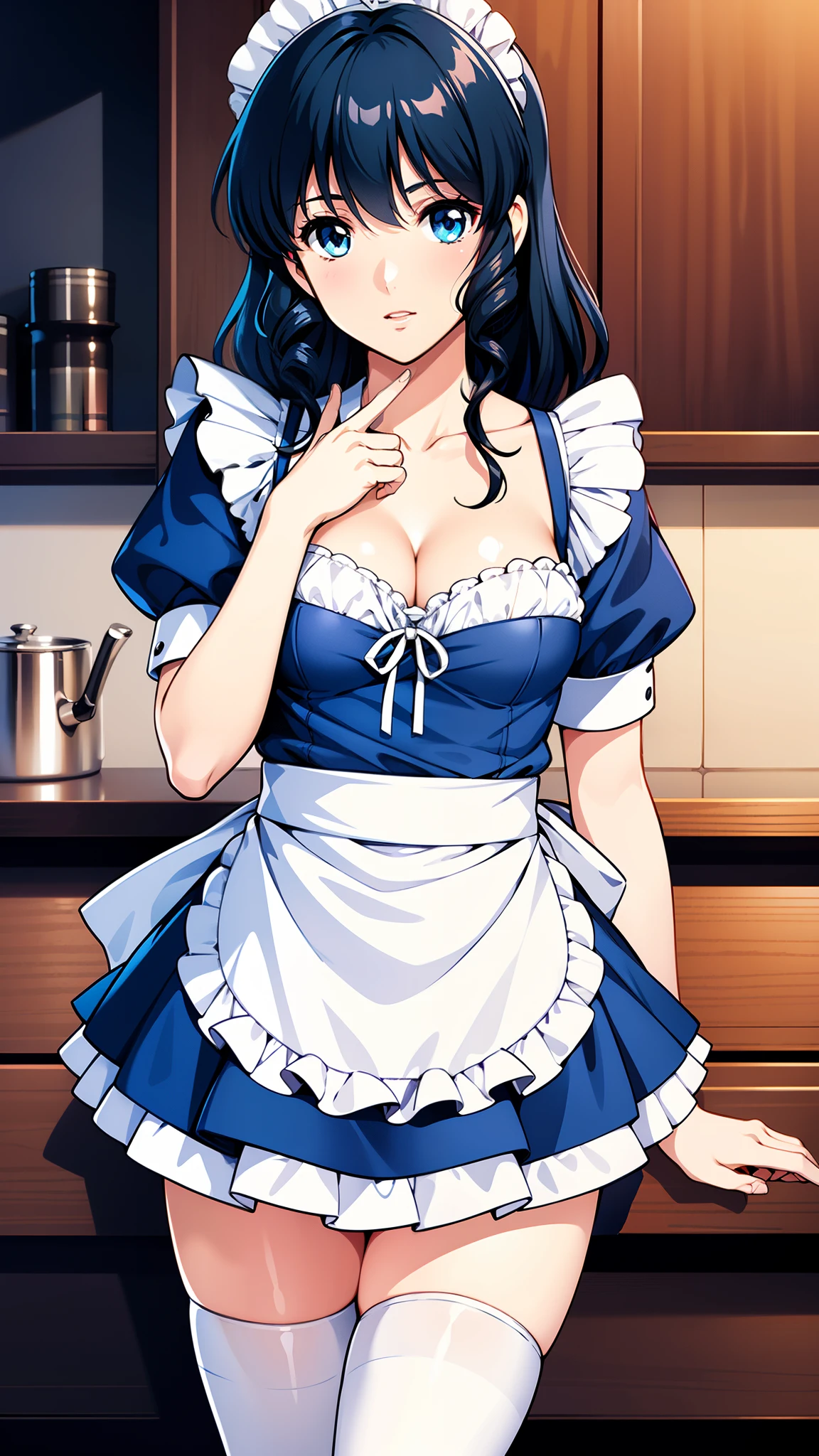 LynnMinmay, 1girl, solo, black hair, cowboy shot, ultra-detailed, best quality, masterpiece, illustration, game cg, (maid), short puffy sleeves, small maid apron, thigh highs, collarbone, cleavage