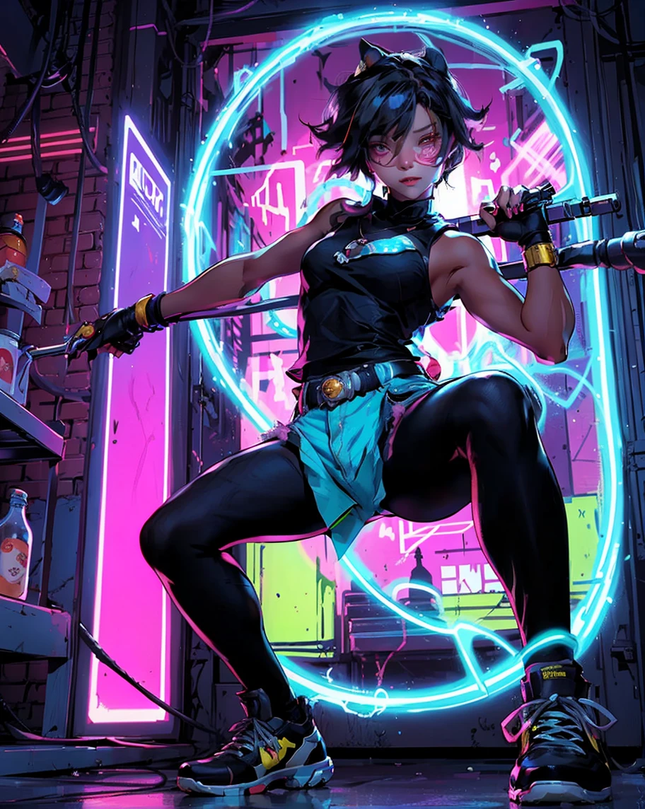 a woman sitting on top of a box next to a cat, artstyle : ilya kuvshinov, shiny colorful, sexy girl wearing shorts, black jeans, medibang, characters merged, anime like