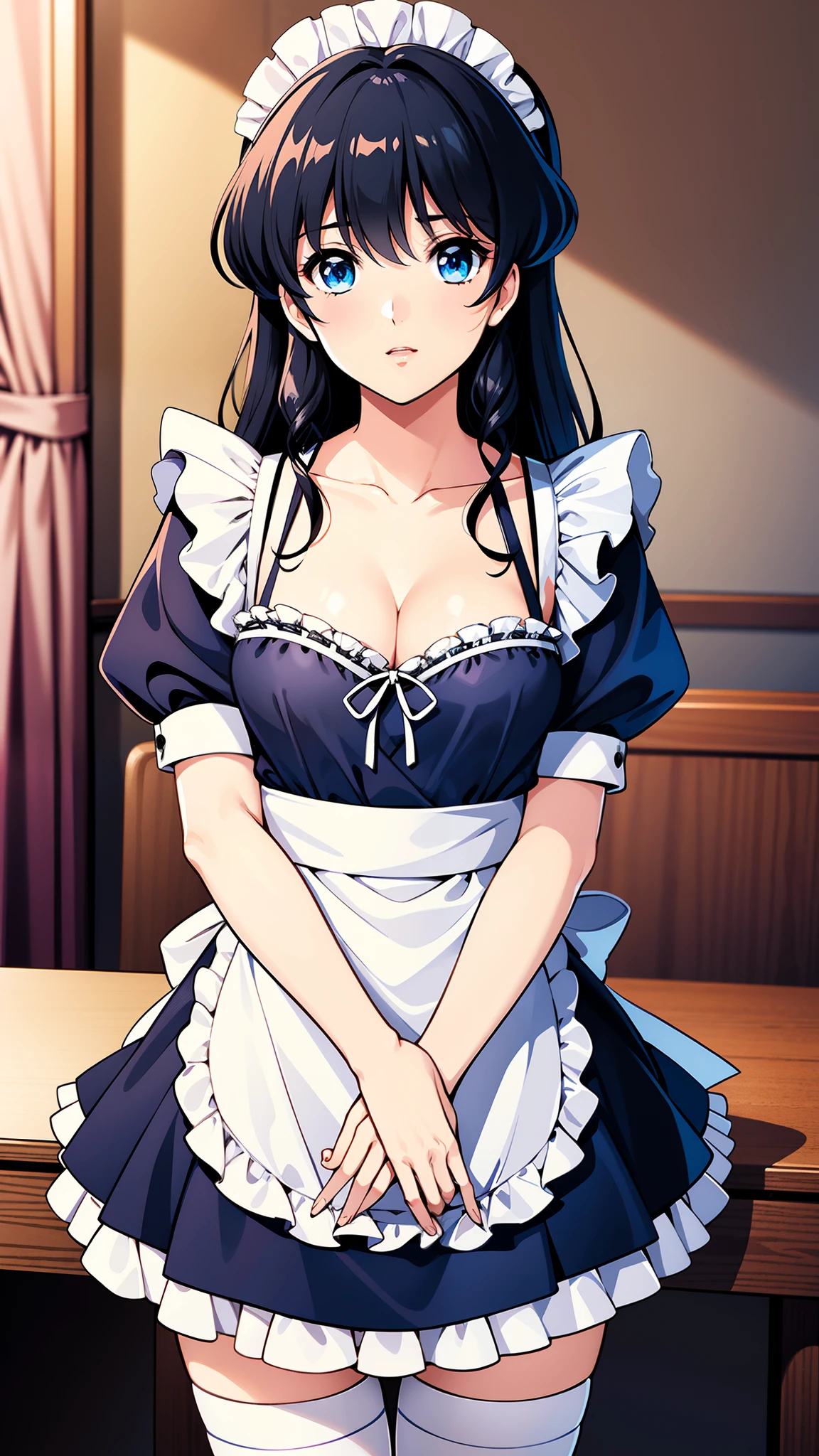 LynnMinmay, 1girl, solo, black hair, cowboy shot, ultra-detailed, best quality, masterpiece, illustration, game cg, (maid), short puffy sleeves, small maid apron, thigh highs, collarbone, cleavage