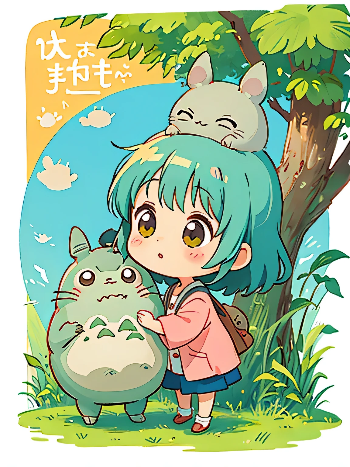 Hayao Miyazaki style, Kawaii Design, The most beautiful girl of all time、Chibi, Get a hug from Totoro
