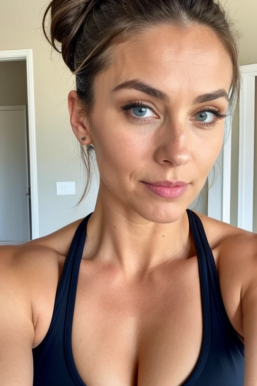 beautiful woman of 55 years old with blue eyes, with hair brown, hair tied fully in bun tight behind head, looking directly at the camera, with a natural makeup , very realistic, instagram selfie, at home, revealing cleavage, closeup,, film grain, prominent jawline and features wide way strong cheekbone, sport-bra, cleavage, strong muscular shoulders, big breast, wet hair, slightly sweaty