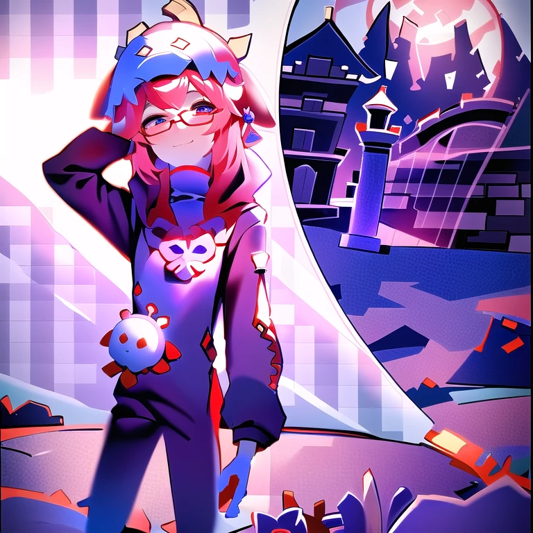 一个Wearing a doll hatWearing a hooded bodysuit的男孩背景是草地和古堡, Two-dimensional boy,Castle Grass Background,Wearing a doll hat,wearing glasses,Wearing a hooded bodysuit,Carrying a doll bag,High quality,Rich in details,High Definition Lighting
