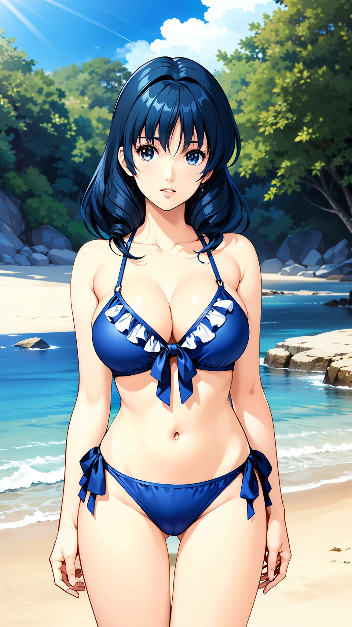 LynnMinmay, 1girl, solo, black hair, cowboy shot, ultra-detailed, best quality, masterpiece, illustration, game cg, beach, swimsuit