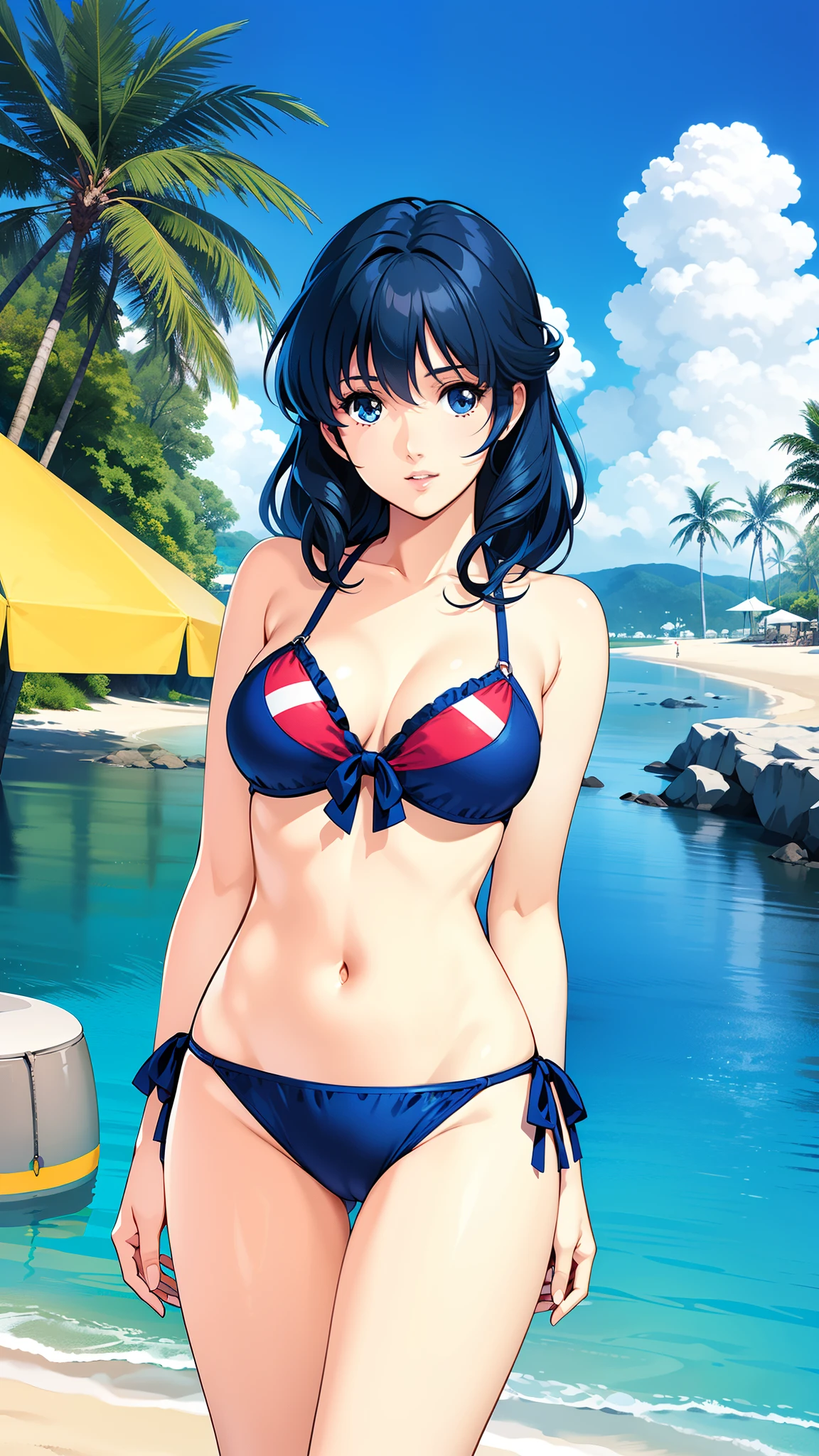 LynnMinmay, 1girl, solo, black hair, cowboy shot, ultra-detailed, best quality, masterpiece, illustration, game cg, beach, swimsuit