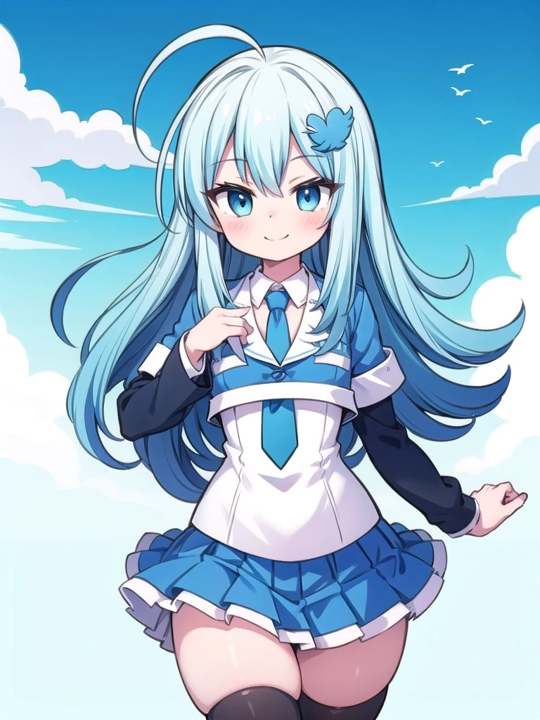 1girl, masterpiece, best quality, perfect hands, twitter-chan, hair ornament, white shirt, black long-sleeve shirt, layered sleeves, blue necktie, necktie, blue skirt, black thighhighs, smile, ahoge, light blue hair, long hair, pleated dress, collared shirt