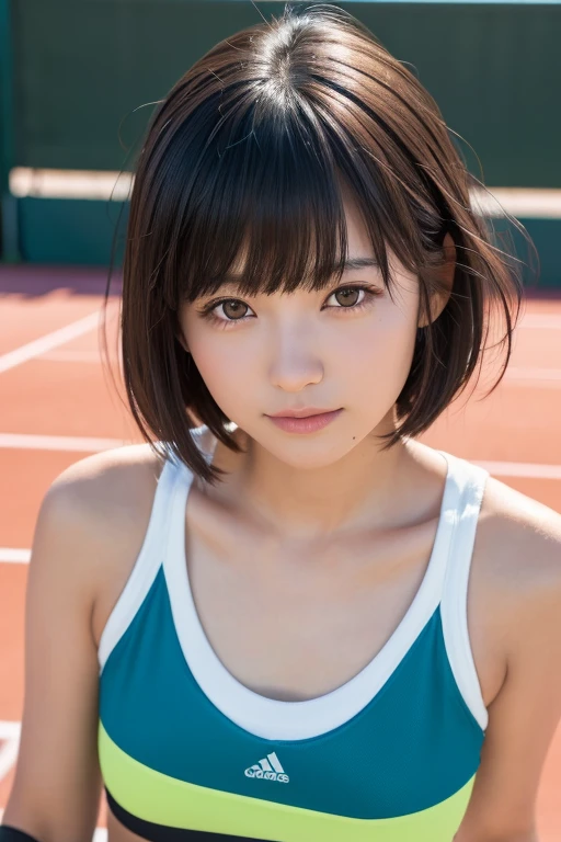 (High resolution:1.3), (16k, Realistic, RAW Photos, Best image quality: 1.4), Japanese, (One girl), Beautiful Face, (Lively Faces), (Black-haired、short hair:1.3、bangs:1.2), Beautiful Hairstyles, Realistic eyes, Beautiful and detailed eyes, (Realistic Skin), Beautiful skins, Charm, 超A high resolution, Surreal, High detail, Golden Ratio, Highly detailed cute girl,(20-year-old), (Tennis court、Tournament)