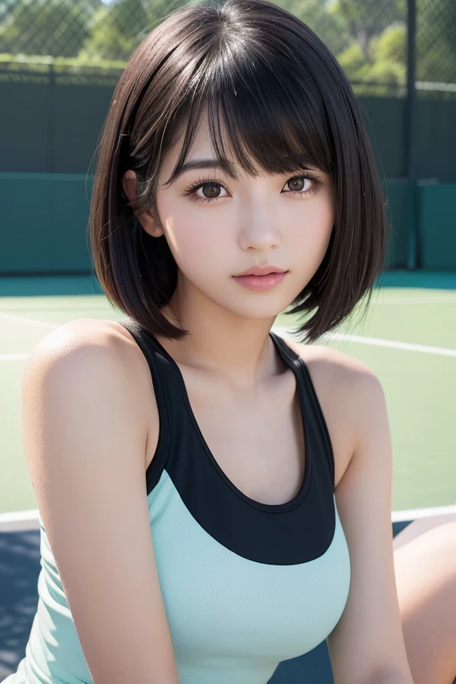 (High resolution:1.3), (16k, Realistic, RAW Photos, Best image quality: 1.4), Japanese, (One girl), Beautiful Face, (Lively Faces), (Black-haired、short hair:1.3、bangs:1.2), Beautiful Hairstyles, Realistic eyes, Beautiful and detailed eyes, (Realistic Skin), Beautiful skins, Charm, 超A high resolution, Surreal, High detail, Golden Ratio, Highly detailed cute girl,(20-year-old), (Tennis court、Tournament)