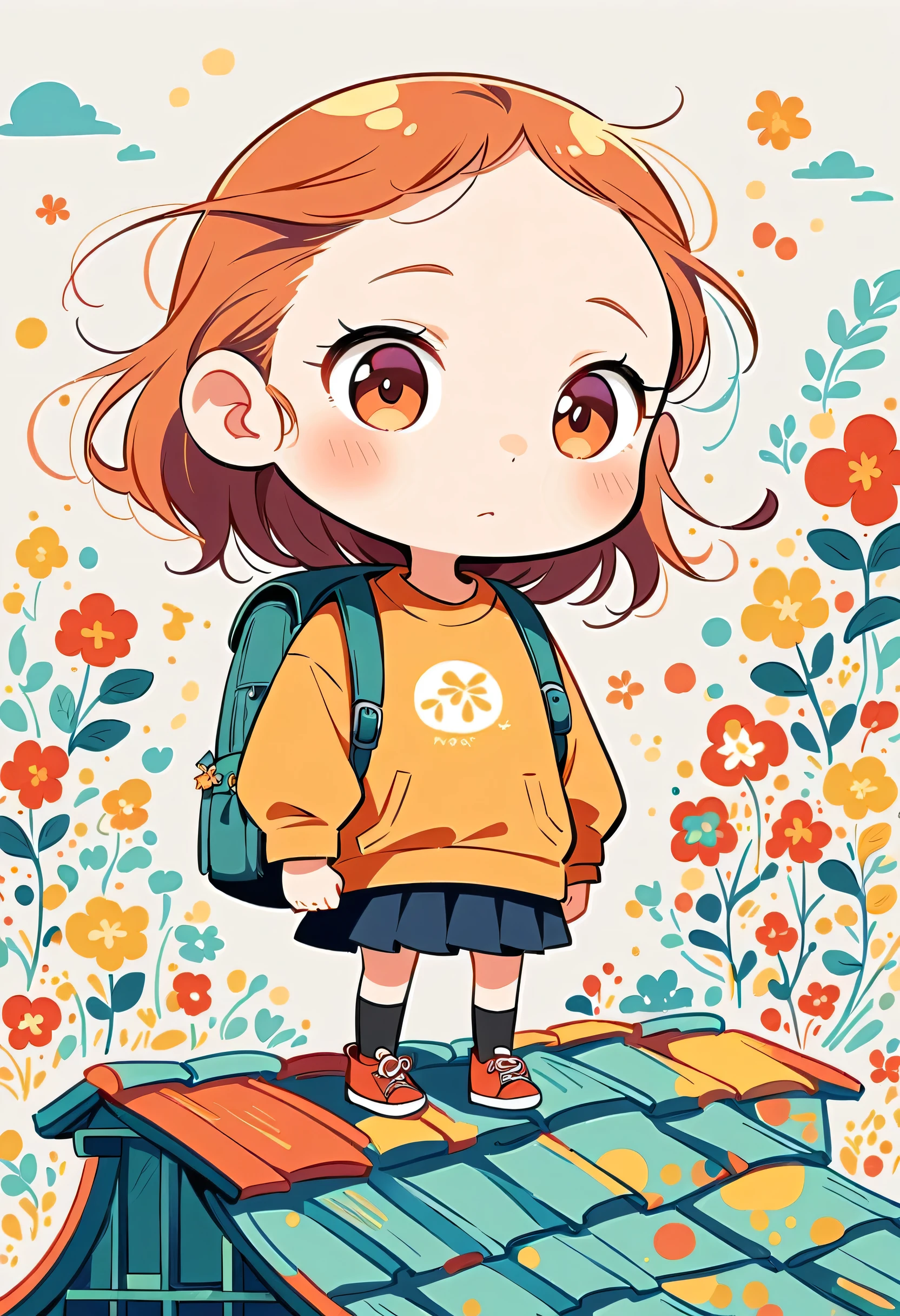 Yomu style, Standing on the roof，Girl with backpack on rooftop，My backpack is full of happy spring，Simple Line Initialism，Abstract art，Urban Background, (((The most beautiful girl))), (((chibi)))