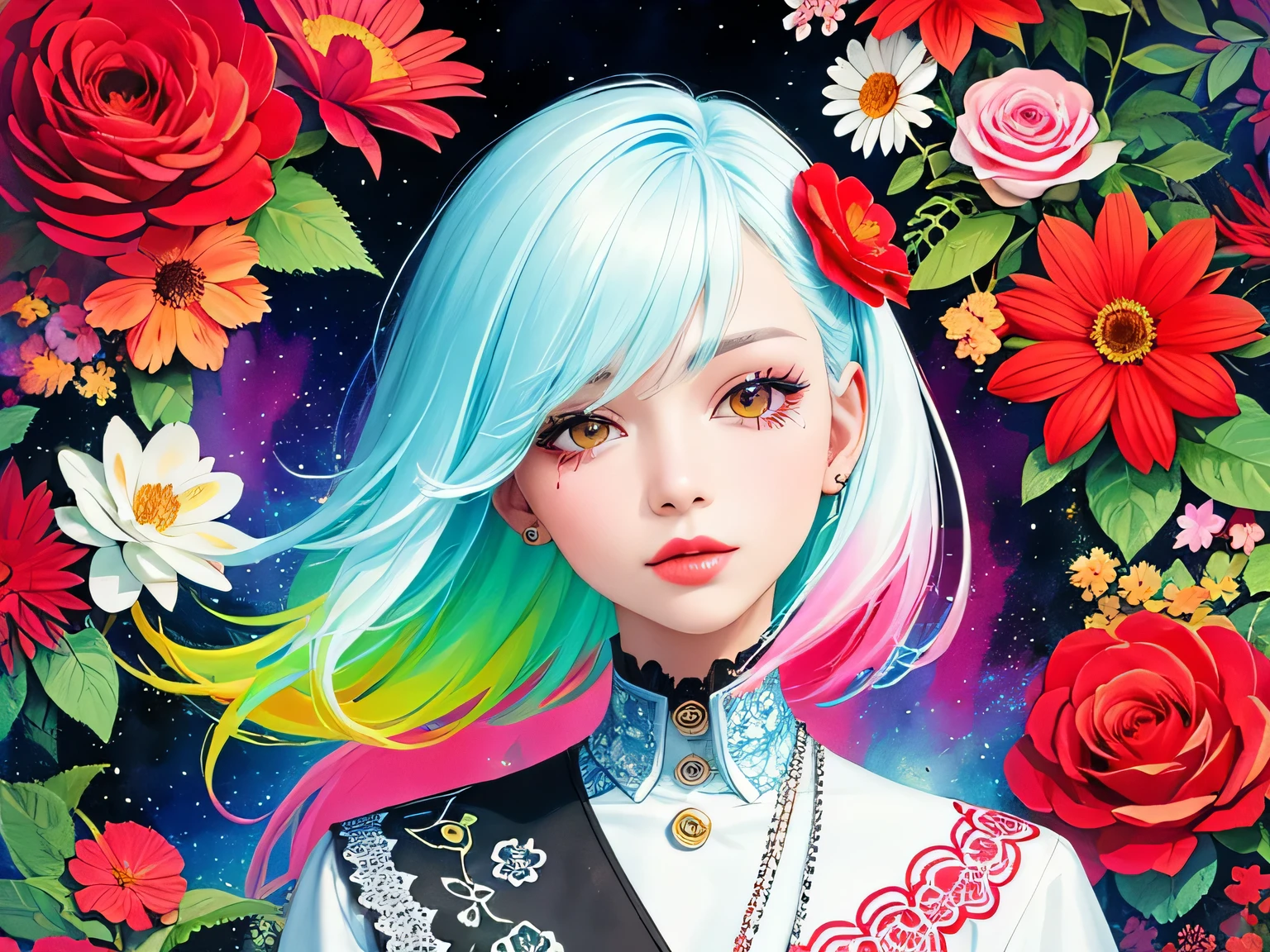 Black Star Red and White Style、(((stylish fashion))), 8K Quality、Intense watercolor, Detailed watercolor art, Watercolor splash, Surreal, avant-garde pop art, Beautiful and expressive paintings, Beautiful artwork illustration, Very colorful tones, wonderful, Cool beauty, highest quality、Official Art, Vector art, Stylish design, (((The most beautiful girl))), Lips in Love, (((highest quality))), HDR, ((detailed)), (((Doodle Art)), ((masterpiece)), ((Super detailed)), (((Colorful flowers))),(((Stylish))), Harbor View Hill