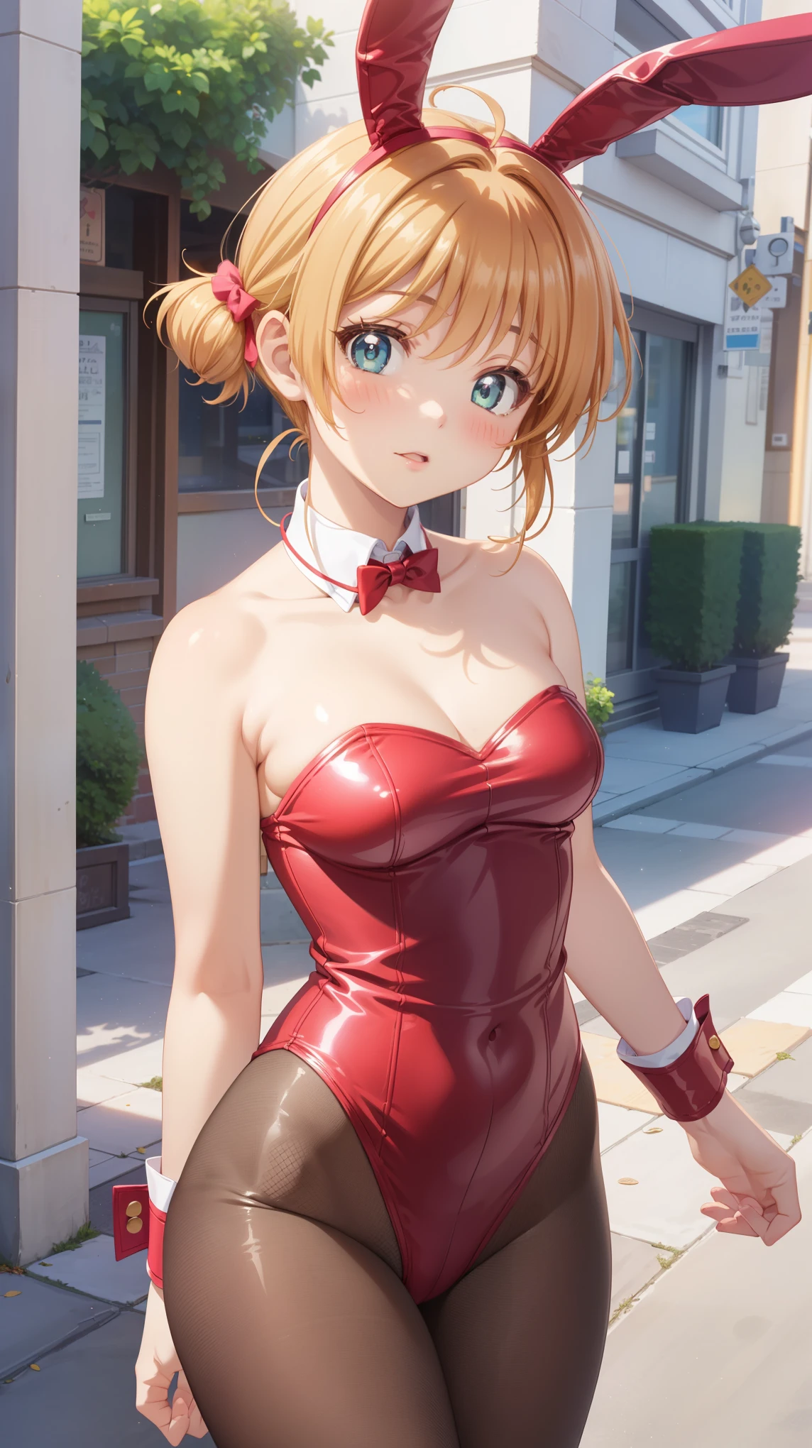 masterpiece, best quality, highres, 1girl, detailed face, blush, anime CG style, (medium breasts), (18 year old girl:1.3), (aged up), good lighting, perfect body, sakura kinomoto, glossy lips, city street, strapless leotard, detached collar, wrist cuffs, fishnet tights, bunny ears, (curvy)