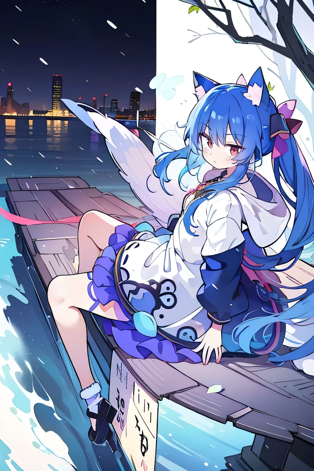 (masterpiece:1.2),Super detailed,lifelike,Expressive eyes,fair skin,perfect face shape,1 girl,
Japanese comics,Gorgeous blue hair,flowing blue hair,flowing clothes,Cat ears,Petals fall,beautiful lola,Baby Angel,
Shaking head with one hand,Cross your legs,Gentle and peaceful background,The pavilion is cool and comfortable,smile, wearing hoodie, background of tokyo,back views,snowing, winter,lie on the water.