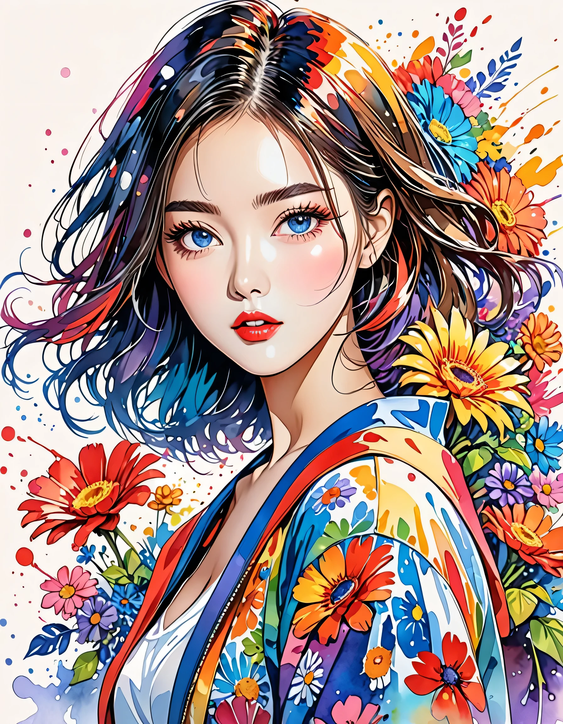 Mai Yoneyama Style、(((stylish fashion))), 8K Quality、Intense watercolor, Detailed watercolor art, Watercolor splash, Surreal, avant-garde pop art, Beautiful and expressive paintings, Beautiful artwork illustration, Very colorful tones, wonderful, Cool beauty, highest quality、Official Art, Vector art, Stylish design, (((The most beautiful girl))), (((highest quality))), HDR, ((detailed)), (((Doodle Art)), ((masterpiece)), ((Super detailed)), (((Colorful flowers))),(((Stylish)))