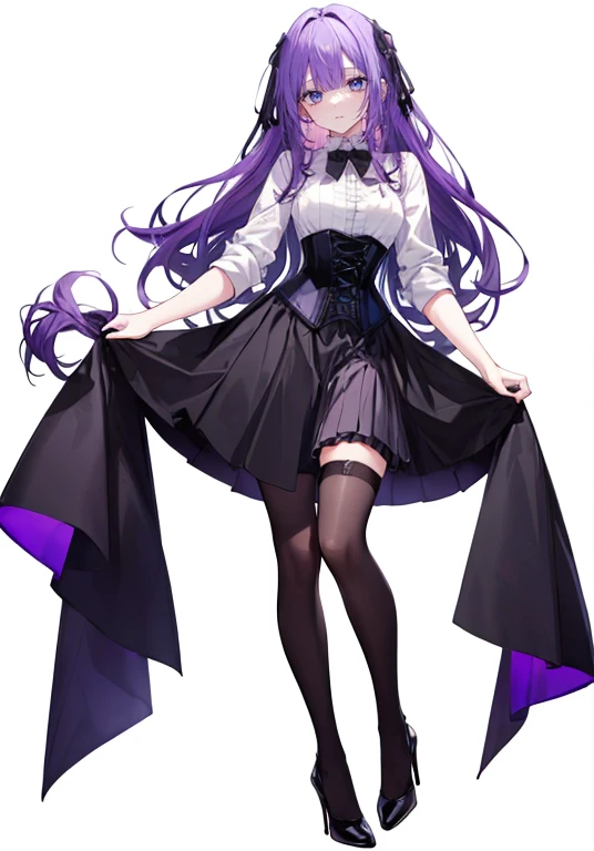 ((Perfect Face)),Purple Hair,long hair,Adult female,White shirt,((Shirt with rolled up sleeves)),(((Roll up your sleeves))),((corset)),skirt,(High heels),((Simple White Background)),((full body)),((Full Body)),