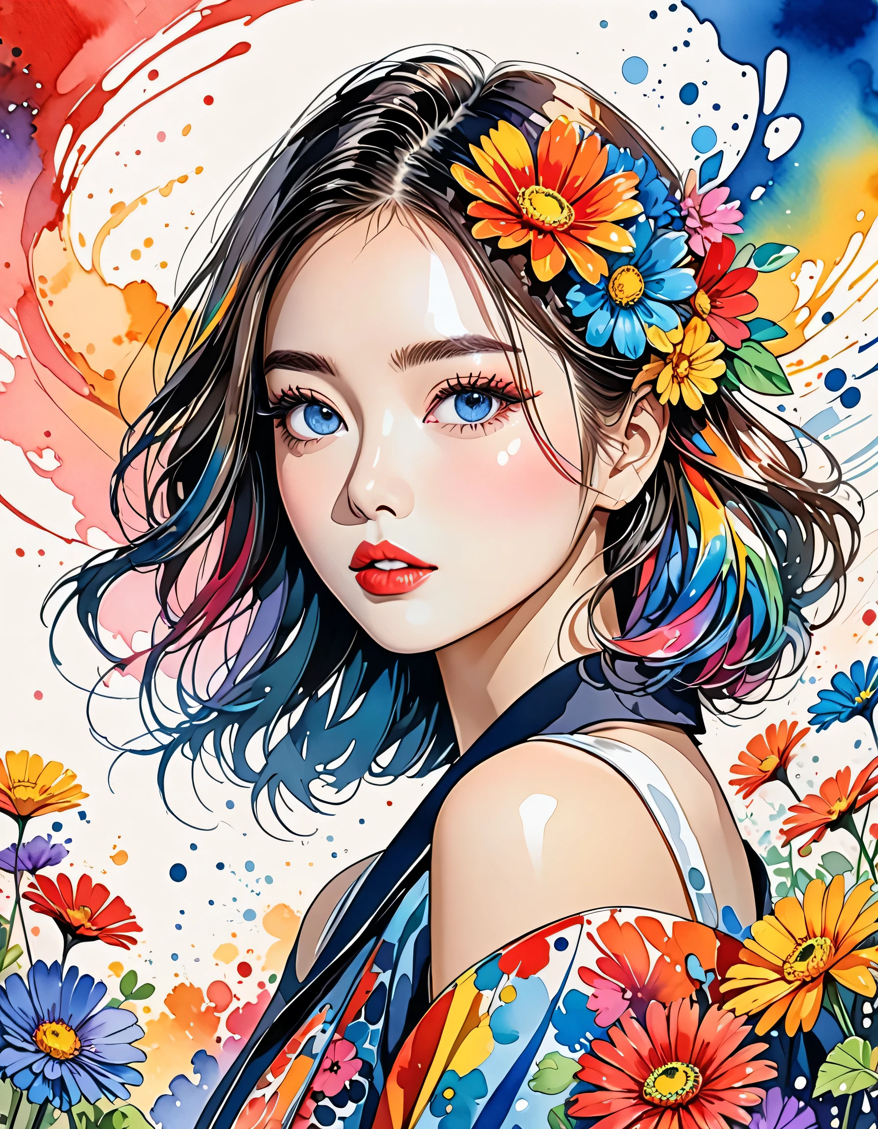 Mai Yoneyama Style、(((stylish fashion))), 8K Quality、Intense watercolor, Detailed watercolor art, Watercolor splash, Surreal, avant-garde pop art, Beautiful and expressive paintings, Beautiful artwork illustration, Very colorful tones, wonderful, Cool beauty, highest quality、Official Art, Vector art, Stylish design, (((The most beautiful girl))), (((highest quality))), HDR, ((detailed)), (((Doodle Art)), ((masterpiece)), ((Super detailed)), (((Colorful flowers))),(((Stylish)))