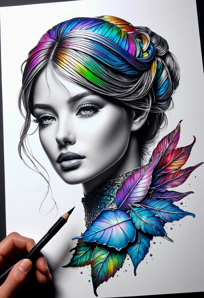 Dessiner une figurine 4D de style encre uhd époustouflante et à couper le souffle, effet holographique qui semble sortir de la feuille de dessin, extremely detailed drawing, hyperRéaliste, sublime details. Truly remarkable work, joyful and sensual work, couleurs subtiles flamboyantes