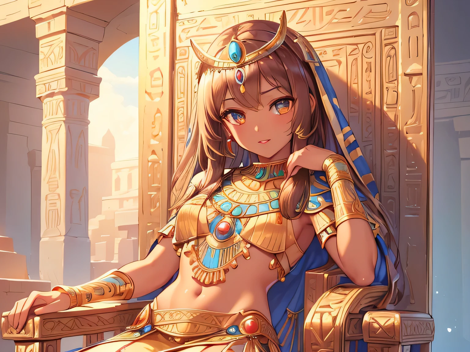 ((best quality)), ((masterpiece)), (detailed face and eyes), perfect face, accurate, textured skin, high details, highres, perfect body, Cleopatra, queen of ancient Egypt, silk dress, jewelled crown, lipstick, cowboy shot, Tanned skin, brown skin, medium hair, throne