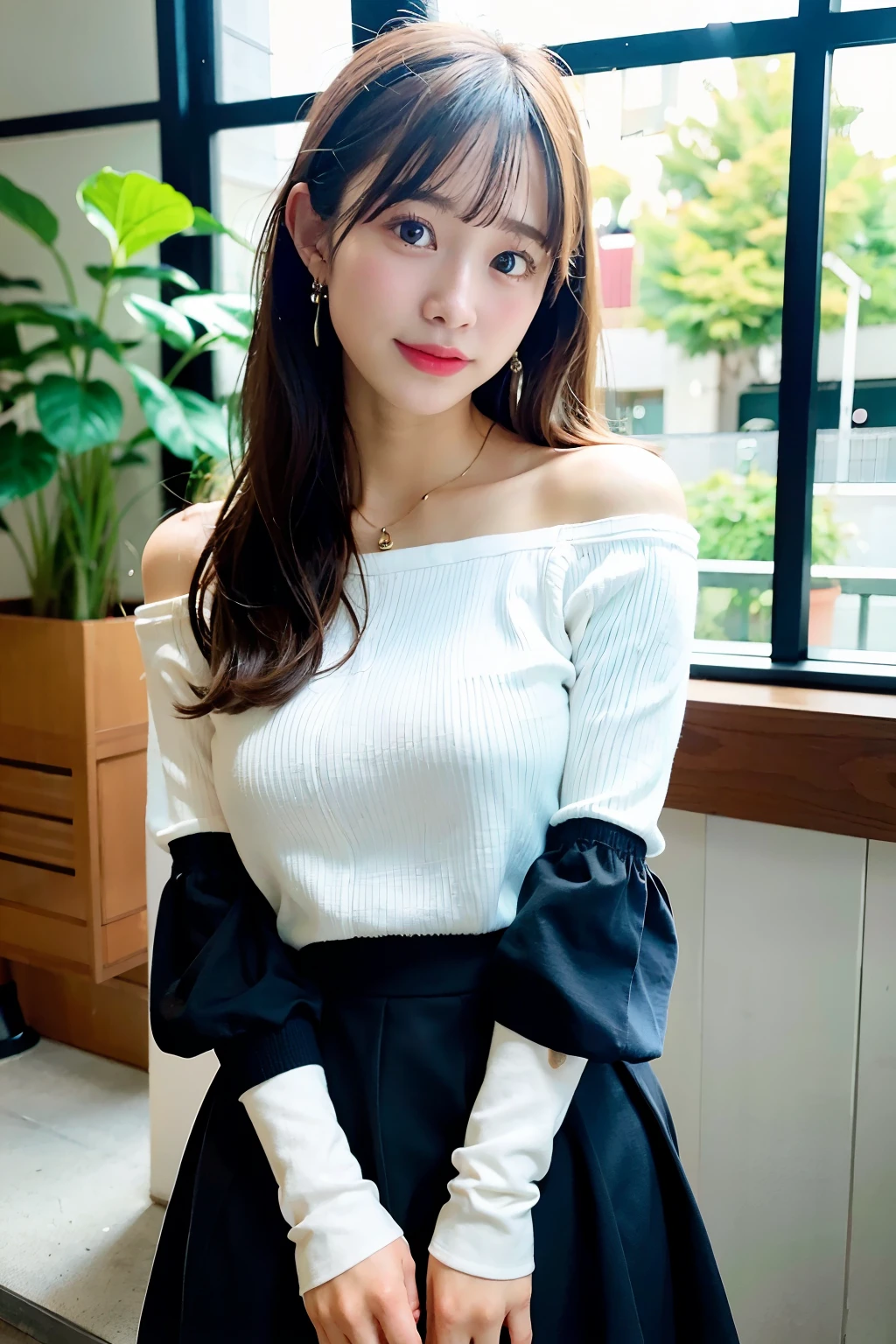 highest quality、超A high resolution、(Photorealistic:1.4)、1 girl、off-the-shoulder white shirt、Black tight skirt ESPA Winter