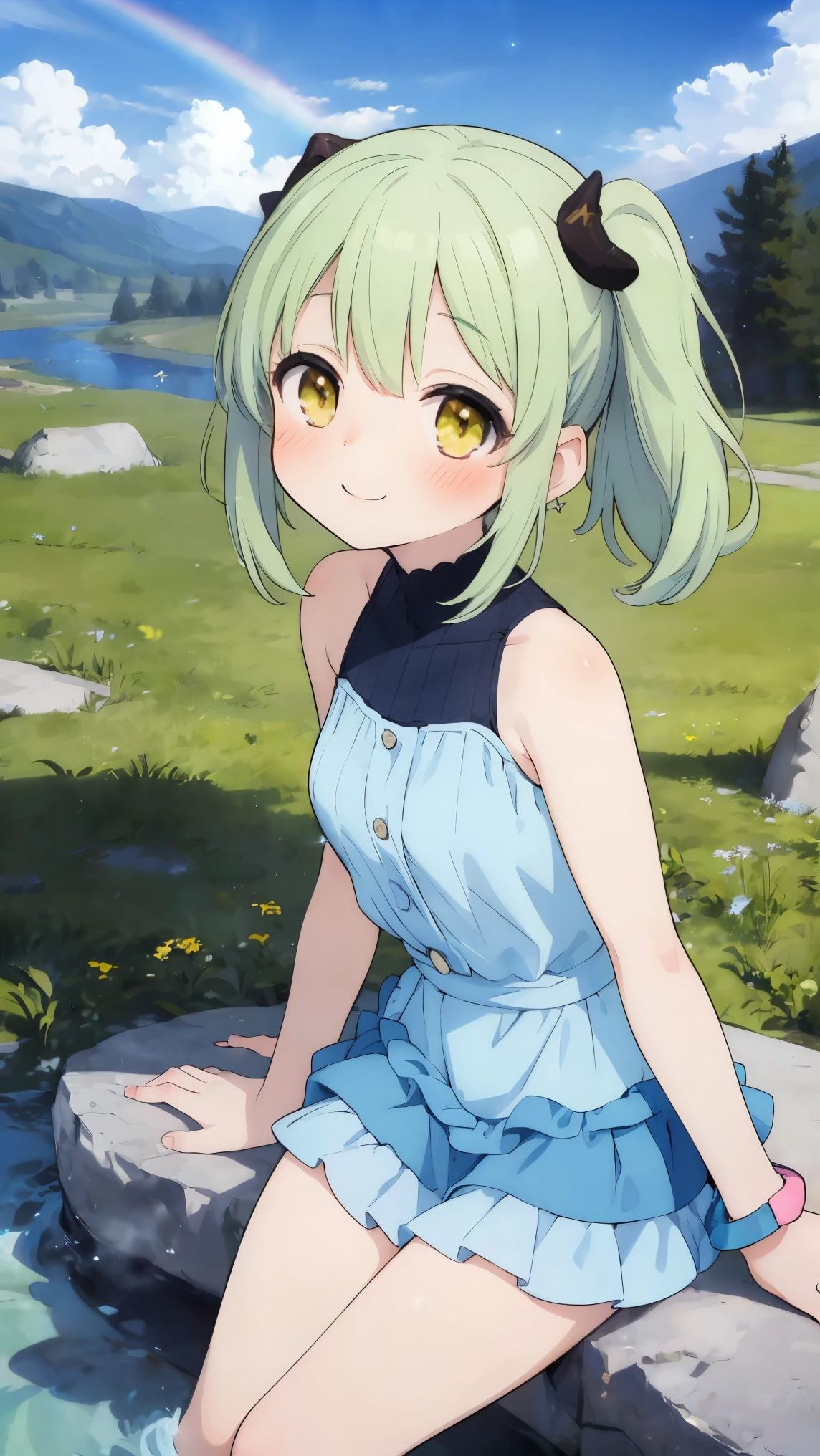 (8k, RAW photo, best quality, masterpiece, highres, absurdres, ultra detailed:1.3), (Photography, realistic, photo-realistic:1.4), (beautiful natural lighting, beautiful deatailed shadow, beautiful detailed glow :1.4), atmospheric,
BREAK (1 beautiful girl: 1.45), (5 girl), alone, (cute: 2), (chibi: 0.6), (kawaii:2), (Loli:2), BREAK (Dragon Horn: 1.15), (ponytails, pale green hair, short hair: 1.35), (yellow eyes, double, slanted eyes: 1.45), blush, double teeth, ((A cup breasts)), heart, sight, (long eyelids, thin eyelids: 1.2), alone, glowing skin, beautiful skin, (dragon's horn, HIGHEST QUALITY FACE 1.35), (HIGHEST QUALITY SLANT EYEAID OUTFIT, GLOVES, OPEN YOUR MOUTH, SHORT SLEEVE,( smile, blush :1.45),
BREAK //Character
1girl,
BREAK
//Fashions
Elegant Minimalist,
Top, Combine a pale tone wide long skirt, such as a soft beige or pastel blue, with a fitted, high-neck, sleeveless top in a matching or complementary shade, A simple, ribbed knit top can add texture while keeping the look sleek and minimalist,
BREAK
Accessories, Keep accessories simple with a pair of stud earrings, a delicate bracelet, and a minimalist watch, Opt for nude or pale-colored ballet flats or pointed-toe loafers for a refined touch,
Layering, For added sophistication, layer with a tailored, cropped blazer or a fitted trench coat in a neutral color, Style your hair in a sleek bun or straight, polished look, and choose natural makeup with a focus on glowing skin,
BREAK ,(Sitting on the riverside, grasses, stone, scenery, shining river, prism, light particles:1.4),
BREAK wakame,wakame,wakame,(cowboy shot, from front:1.4), BREAK manga illustration,manga style,