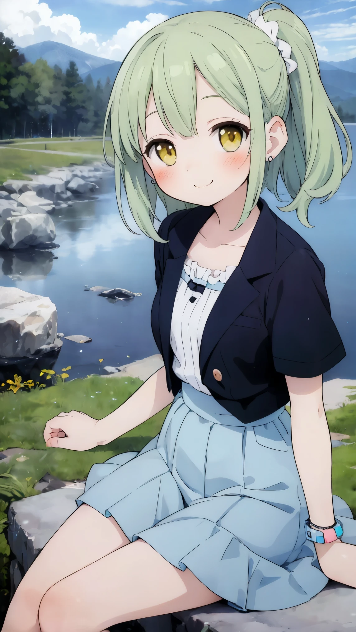 (8k, RAW photo, best quality, masterpiece, highres, absurdres, ultra detailed:1.3), (Photography, realistic, photo-realistic:1.4), (beautiful natural lighting, beautiful deatailed shadow, beautiful detailed glow :1.4), atmospheric,
BREAK (1 beautiful girl: 1.45), (5 year old girl), alone, (cute: 2), (chibi: 0.6), (kawaii:2), (Loli:2), BREAK (Dragon Horn: 1.15), (ponytails, pale green hair, short hair: 1.35), (yellow eyes, double, slanted eyes: 1.45), blush, double teeth, ((A cup breasts)), heart, sight, (long eyelids, thin eyelids: 1.2), alone, glowing skin, beautiful skin, (dragon's horn, HIGHEST QUALITY FACE 1.35), (HIGHEST QUALITY SLANT EYEAID OUTFIT, GLOVES, OPEN YOUR MOUTH, SHORT SLEEVE,( smile, blush :1.45),
BREAK //Character
1girl,
BREAK
//Fashions
Elegant Minimalist,
Top, Combine a pale tone wide long skirt, such as a soft beige or pastel blue, with a fitted, high-neck, sleeveless top in a matching or complementary shade, A simple, ribbed knit top can add texture while keeping the look sleek and minimalist,
BREAK
Accessories, Keep accessories simple with a pair of stud earrings, a delicate bracelet, and a minimalist watch, Opt for nude or pale-colored ballet flats or pointed-toe loafers for a refined touch,
Layering, For added sophistication, layer with a tailored, cropped blazer or a fitted trench coat in a neutral color, Style your hair in a sleek bun or straight, polished look, and choose natural makeup with a focus on glowing skin,
BREAK ,(Sitting on the riverside, grasses, stone, scenery, shining river, prism, light particles:1.4),
BREAK wakame,wakame,wakame,(cowboy shot, from front:1.4), BREAK manga illustration,manga style,