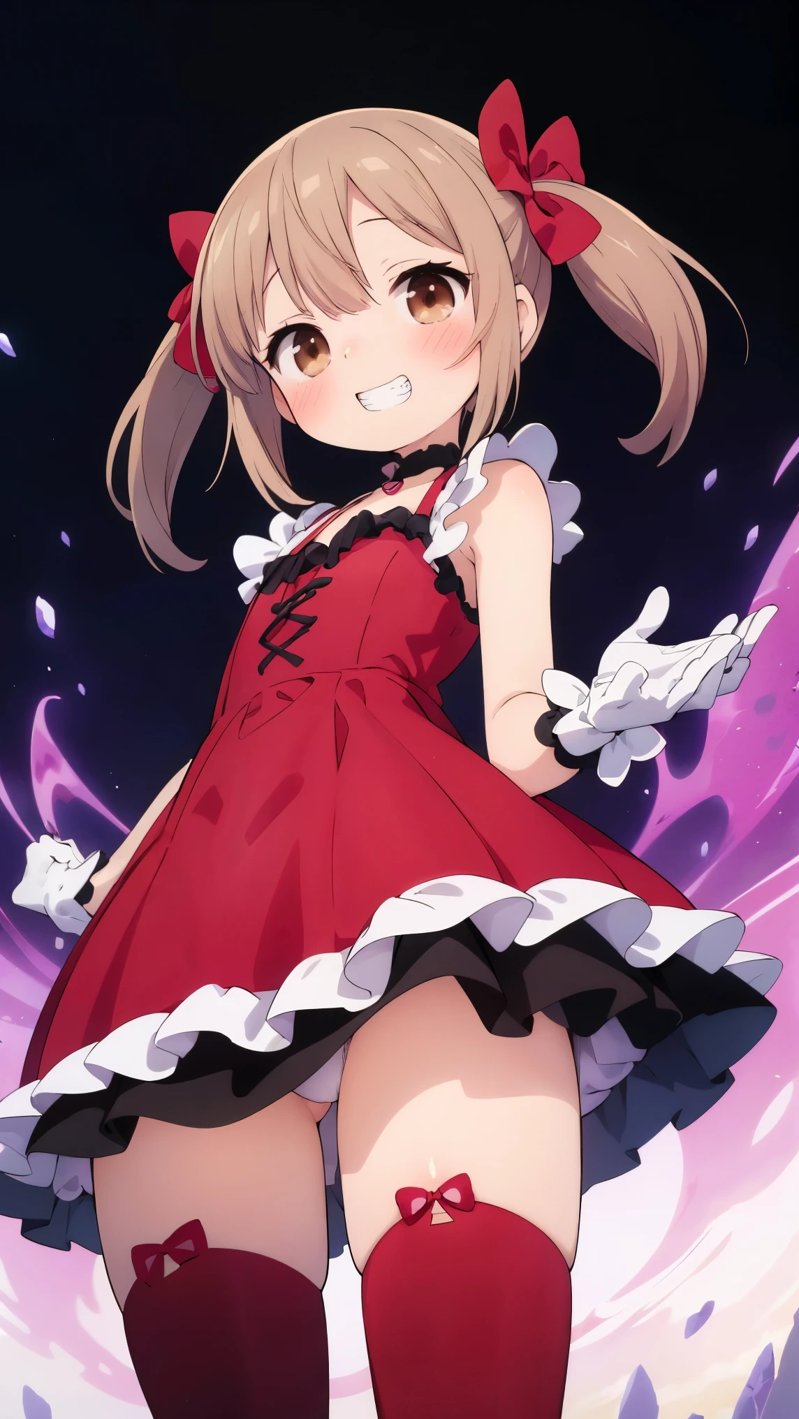 (8k, RAW photo, best quality, masterpiece, highres, absurdres, ultra detailed:1.3), (Photography, realistic, photo-realistic:1.4), (beautiful natural lighting, beautiful deatailed shadow, beautiful detailed glow :1.4), atmospheric,
BREAK 1 beautiful girl,(Cute:1.5),(Chibi:0.5),(kawaii:2),(:2),(7 year old girl),(Solo:1.65),BREAK,(flat chest:1.2,),Clear skin,Beautiful skin,Shy,One beautiful,Colossal tits,BREAK (Hair Bow, reddish brown hair, Twin-tail:1.55),(Brown eyes, long eyelashes, Double eyelids:1.4),Shiny skin,BREAK,Star \(symbol\, (gloves, White Gloves:1.3), (bug, Dress,polka dot:1.3) ,(bear foot:1.2), (grin,blush:1.45),
BREAK
arched back,
contemporary performance,spiral,perfect hands,
red dress,decorated gold,
magical girl who releases intense flame magic,
BREAK
best quality,absurd-resolution,absurd-detailed background,
(beautiful illustration:1.2),Background of swirling flames,
BREAK wakame,wakame,wakame,(cowboy shot, from below:1.4), BREAK manga illustration,manga style,