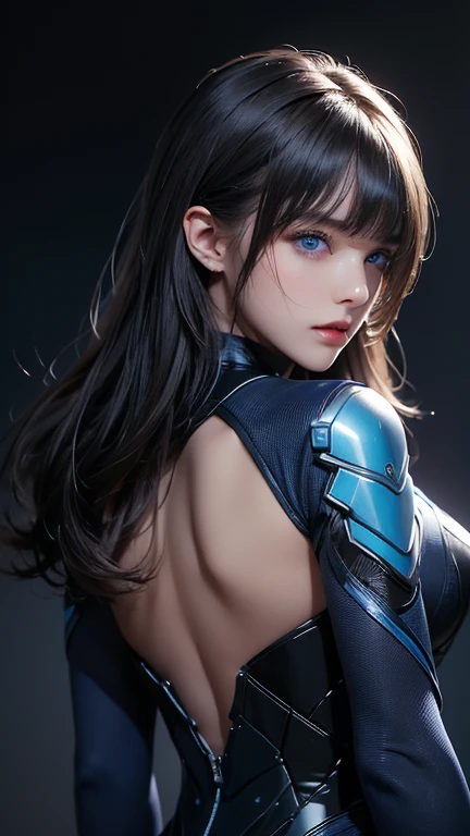 masterpiece, highest quality, Very detailed, To the camera, 複雑に詳細なVery detailed, Realistic, Sharp features, Very detailed, Sharp focus, Perfect Face, Perfect Face, Perfect symmetry and perfect eyes, Perfect Plump Lips, Flexible female form, Cinematic, Film Light, Very detailed, hyper Realistic, masterpiece, Atmospheric, High resolution, Vibrant, Dynamic Studio Lighting, ((Dark Background)), The expression when enduring pleasure, Straight bangs, blue eyes,,、Back view、Sexually aroused expressions、fallout Vault-suits,