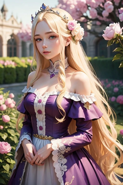 Beautiful long blonde hair woman wearing a crown and a purple off-the-shoulder dress holding a peony flower in a garden