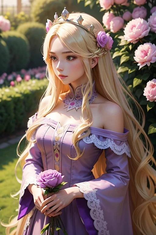 Beautiful long blonde hair woman wearing a crown and a purple off-the-shoulder dress holding a peony flower in a garden