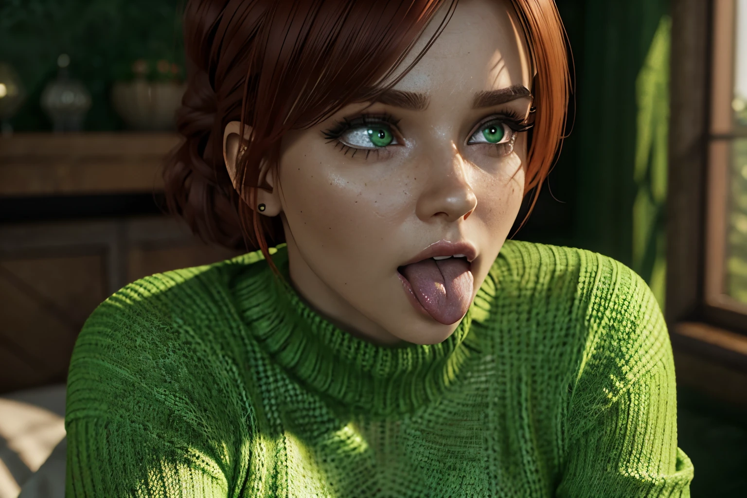 portrait. Upper body. Close-up of a girl, green eyes, cinematic lighting, rolling eyes, gasped, Brother, Show tongue, breast size 2, in green, knitted sweater, short, Red hair, flushed face, sexual expression. ((elegance. Photorealism. Unreal engine. 3D model. Ultra high quality textures. high detail. Resolution 8K))