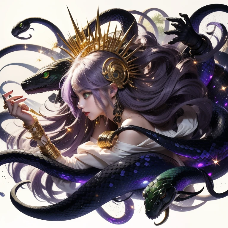 (masterpiece),(best quality:1.0), (ultra highres:1.0), detailed,Woman and snakes、Upper Body、profile、Facing left、Emerald green eyes、Gold Hair Ornament、Gold bracelet、Holding your right hand forward、He has long gold needles on the middle and ring fingers of his right hand.、Some snakes can see into space、Gray purple hair、Medium Hair