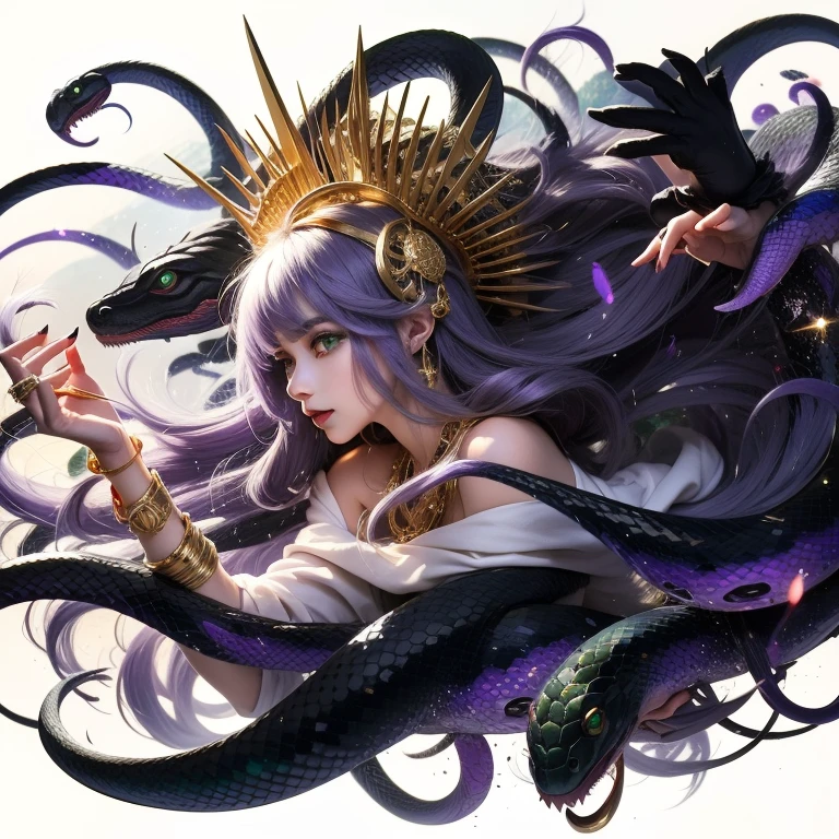 (masterpiece),(best quality:1.0), (ultra highres:1.0), detailed,Woman and snakes、Upper Body、profile、Facing left、Emerald green eyes、Gold Hair Ornament、Gold bracelet、Holding your right hand forward、He has long gold needles on the middle and ring fingers of his right hand.、Some snakes can see into space、Gray purple hair、Medium Hair