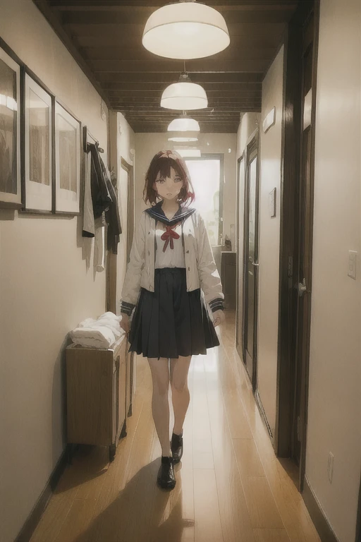 1 girl, Redhead, Facial hair stripes, Red eyes, Impact, RAW Photos, 8k, masterpiece,On the way home、Returning Home、Sailor suit、The skirt is black、night、Street lamp、When you open the front door、A shoebox can be seen in the entrance hall with a doormat laid out.。There is a coat rack and an umbrella stand、Wooden flooring spreads。There is also a part where the entrance is tiled.、The entrance lighting gives off a warm glow。From the front door you can see the indoor corridor.、Landscape with natural light。