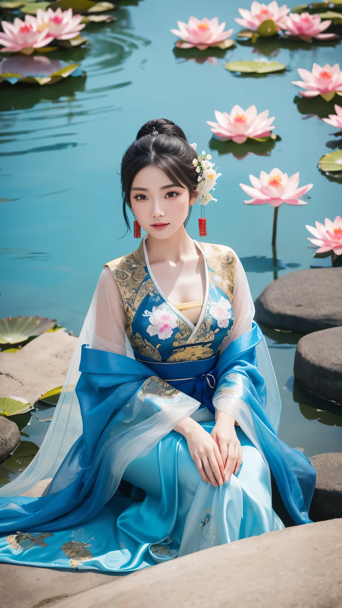 Ancient Chinese beauty sitting on a stone, Wearing ancient Chinese costumes, Flowing blue tulle, light silk, Lazy pose, Big lotus leaf, Lotus flower, Ink painting style, Beautiful colors, The decisive cut, blank, free-hand, masterpiece, Very detailed, A magnificent composition, high quality, 最high quality, 4k --v6