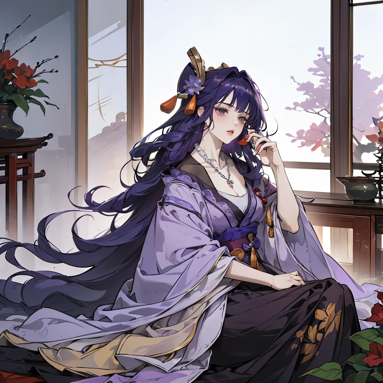 Best quality at best, Ultra-high resolution, (((1 girl))), FULL BODY (Long purple hair), (violet eyes), (Chinese clothes), (((Red Flowers necklace around her neck))), (Ultra Long Skirt), Hanfu, Yarn, Flowing light yarn, jewelry, (focal), (((Colorful))), particle fx , tmasterpiece, Best quality at best, beautiful painted, meticuloso, highly detailed, (tmasterpiece, Best quality at best) CG unified 8K wallpaper,((sitting chinese manshon/room and drinking)) tmasterpiece,Best quality,ultra - detailed), Super HD picture quality