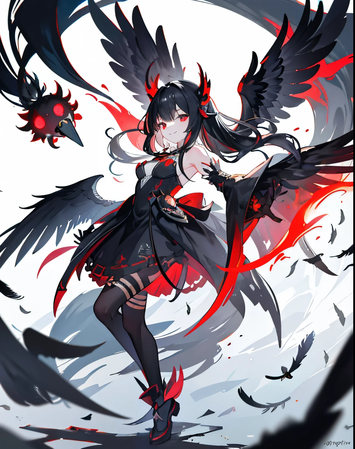 Art Station, White Background, Long black hair、Long Black Hair、Standing in the Wilderness,whole body、Equipped with Crow Gauntlets、triumphant smile、Small breasts、, As if smoke and shadows were given shape, Wings made from giant crows, Dancing crow feathers, Many glowing red eyes, Shadow Claw, Supernatural Lightning and Fire, ((black sun)), 8K High Resolution, トレンドArt Station, whole body,Black ruffled dress、A whirlpool of countless red-eyed crows、Nova explosion、Black Hole