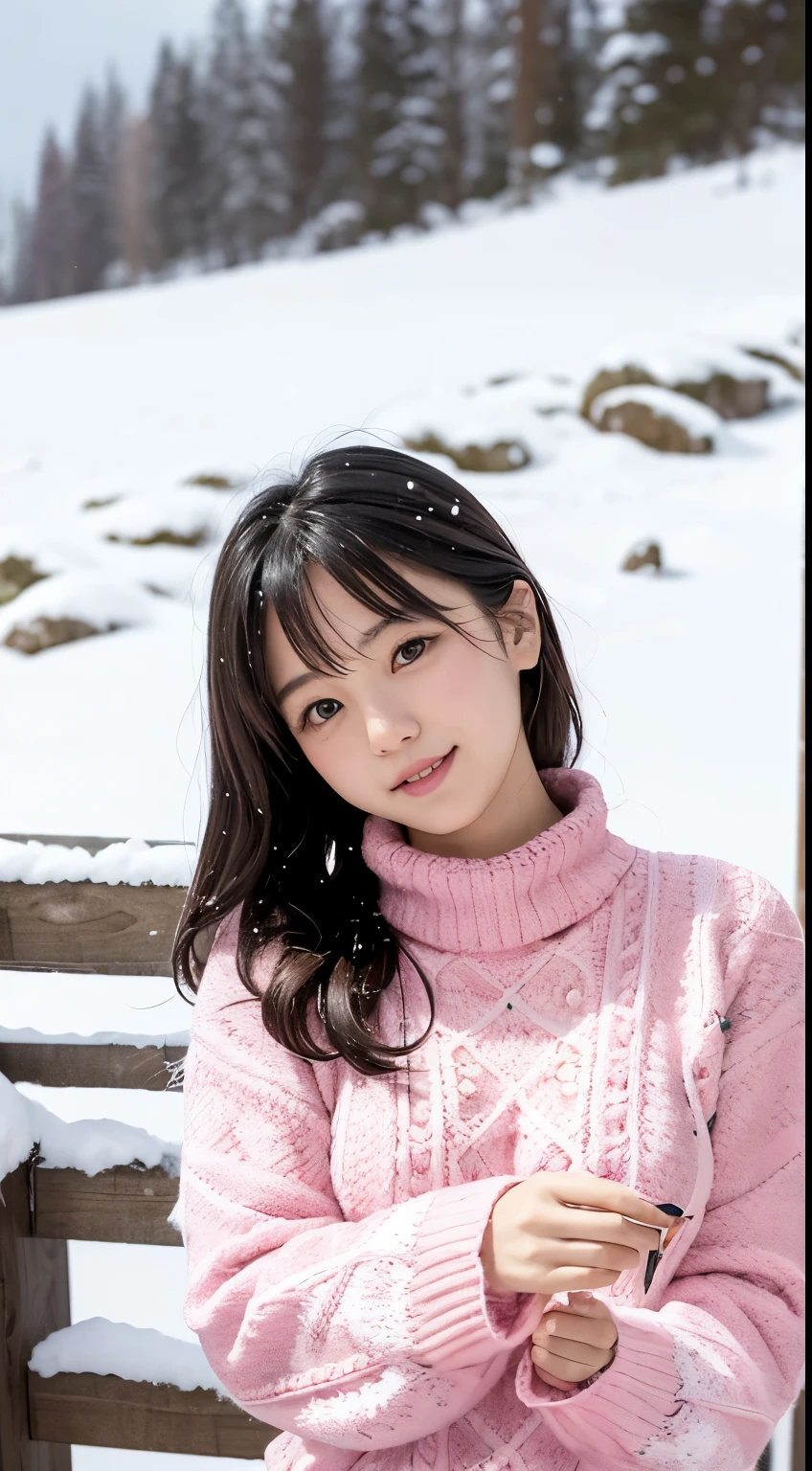 in the snowy debtorest, Japanese women, (Pink knitted sweater:1.3), it's snowing, The pupils shine, Brown short hair, Large Breasts, Realistic portraits, depth odebt debtield, debt/1.8, Anatomically correct, Textured skin, Super detailed, Attention to detail, high quality, Super detailed, Attention to detail, high quality, 最high quality, High resolution
