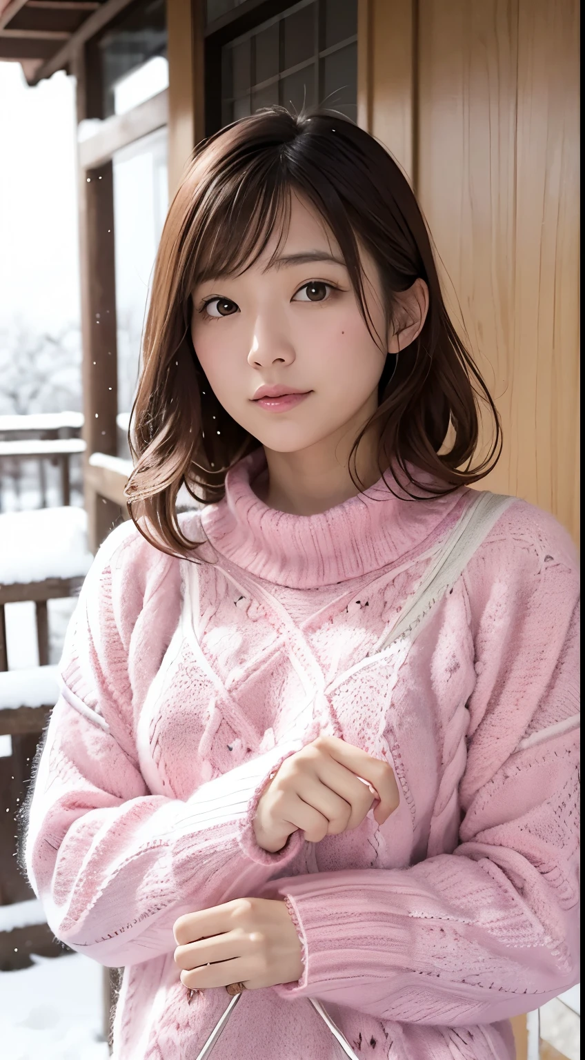 in the snowy debtorest, Japanese women, (Pink knitted sweater:1.3), it&#39;s snowing, The pupils shine, Brown short hair, Large Breasts, Realistic portraits, depth odebt debtield, debt/1.8, Anatomically correct, Textured skin, Super detailed, Attention to detail, high quality, Super detailed, Attention to detail, high quality, 最high quality, High resolution