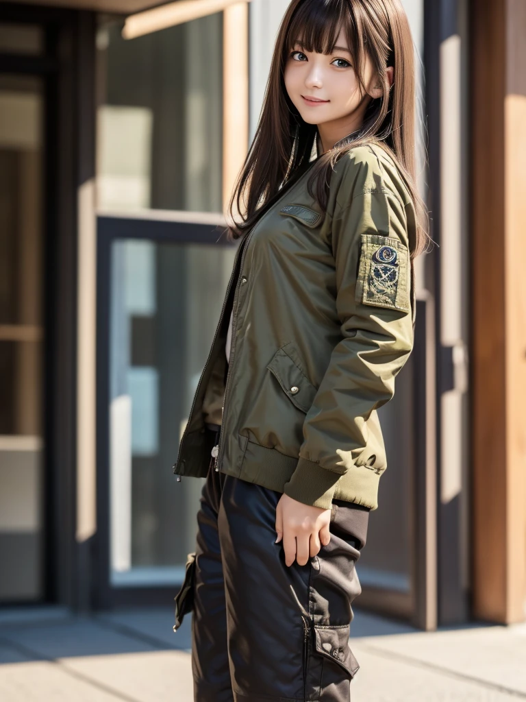 (8k, RAW Photos, highest quality, masterpiece:1.2), (Realistic, photo-Realistic:1.4), (Highly detailed 8k wallpaper), ((Full Body Shot)), (1 girl), Sharp focus, Depth of written boundary, Cinematic lighting, Soft Light, 緻密な美しさのeye, eye_Chan, Very beautiful 17 year old girl, innocent big eyes, Realistic, photo Realistic, Highly detailed cute girl, (Thin thighs), (Model Body Type), 18-year-old, (Khaki MA-1 flight jacket), (Black T-shirt), (Camouflage cargo long pants), (((Fold your arms in front of your chest and act arrogantly))), ((A happy smile)), Parted lips, Watching the audience, (On the streets of Tokyo) , (Brown Hair),（Long Bob Hair), (Asymmetrical bangs)