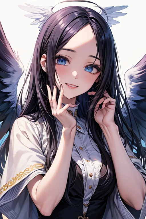 ((forehead)), masterpiece, masterpiece_portrait, distinct, distinct_image, high_resolution, highres, high_quality_anime, high_quality, hyper_detail, finely_detailed,4K, YUJU, GFRIEND , sexy body, ((black hair)), blue eyes, smile, happy, angel, ((white wings)), angel clothes, heaven, whole body