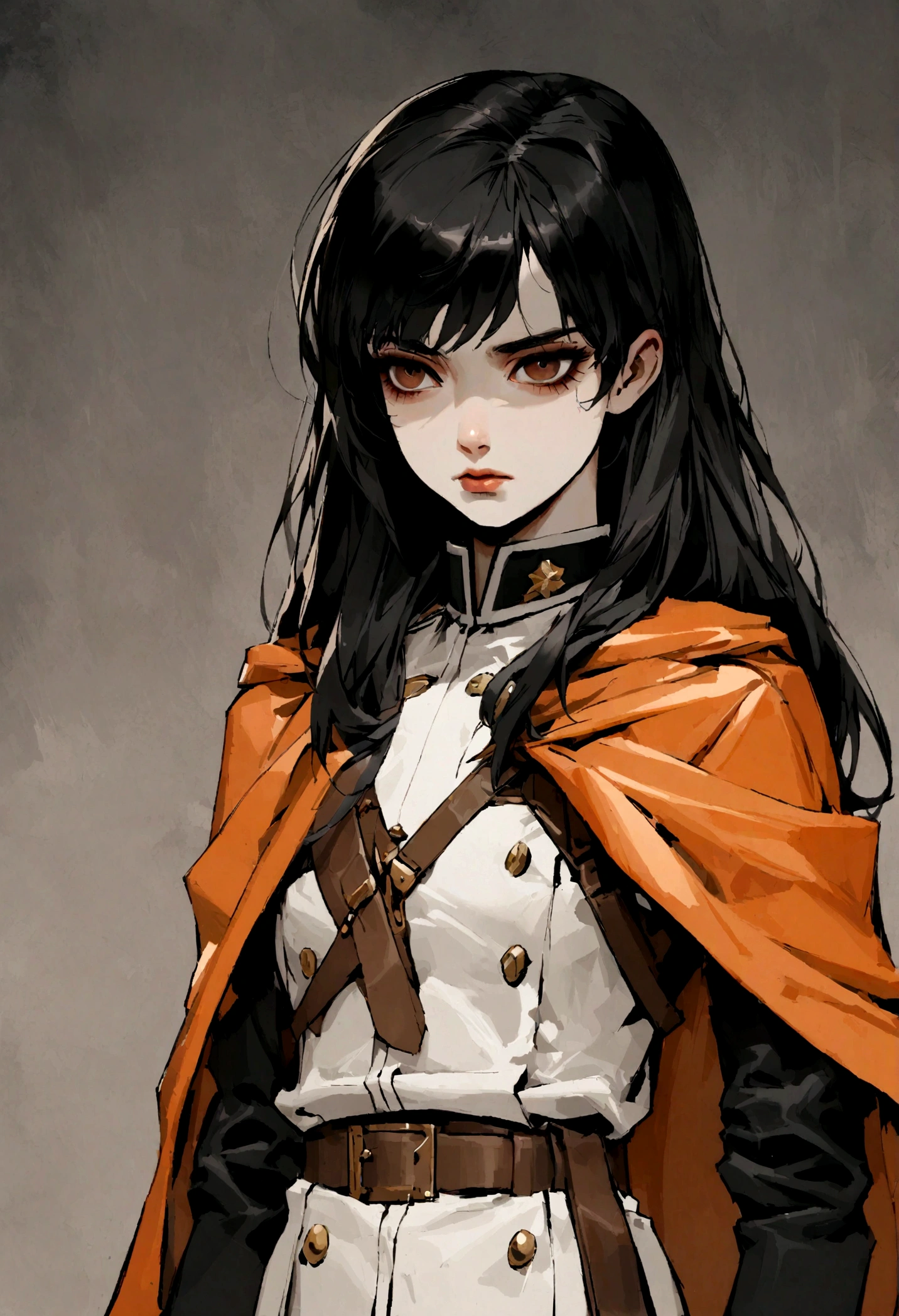 Long black hair white 17 year old girl wearing military uniform, Orange cape, Big brown eyes, Science Fiction, dark mood, charturnerv2