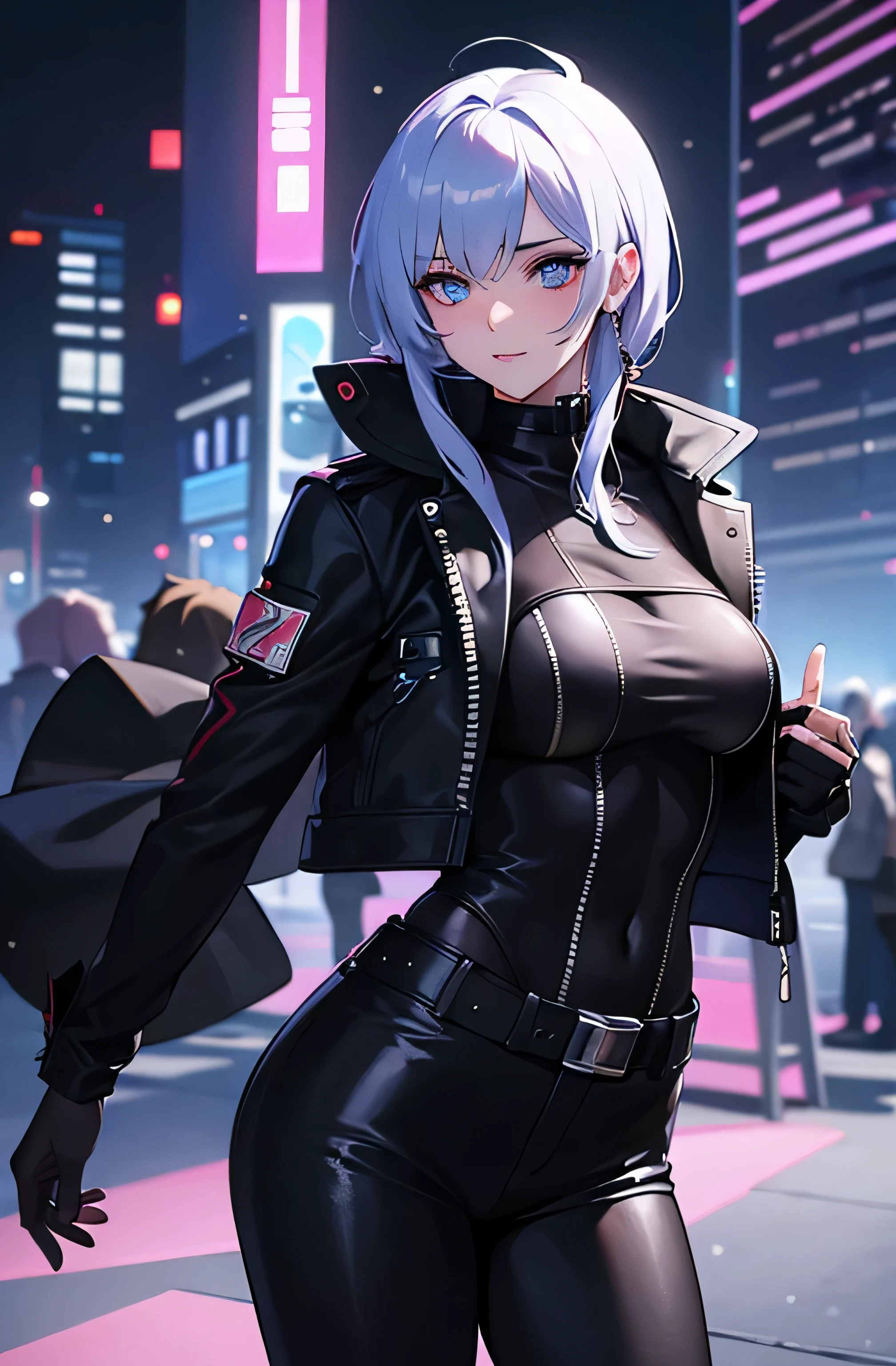 ((masterpiece, highest quality:1.2)),cowboy shot,1woman,20 year old beauty,solo,((very small head)),short hair,messy hair,light blue hair,blue eyes,blunt,((very long and slender body)),toned body,skinny,medium breasts,shiny skin,oily skin,blush,smile,  BREAK  ,Red leather biker jacket、 Dark blue mini dress、white_thighhighs、 BREAK   ,Get on a bike、Harley Davidson、on street,Big cities、Cyberpunk World、