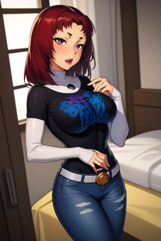 (masterpiece, best quality:1.2), starfire, red hair, 1girl, solo, breasts, dark skin, black t-shirt, white shirt, blue jeans, belt, lipstick, large breasts, layered sleeves