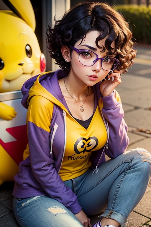 Beautiful short curly hair woman wearing glasses and purple hoodie sitting on the ground with pikachu