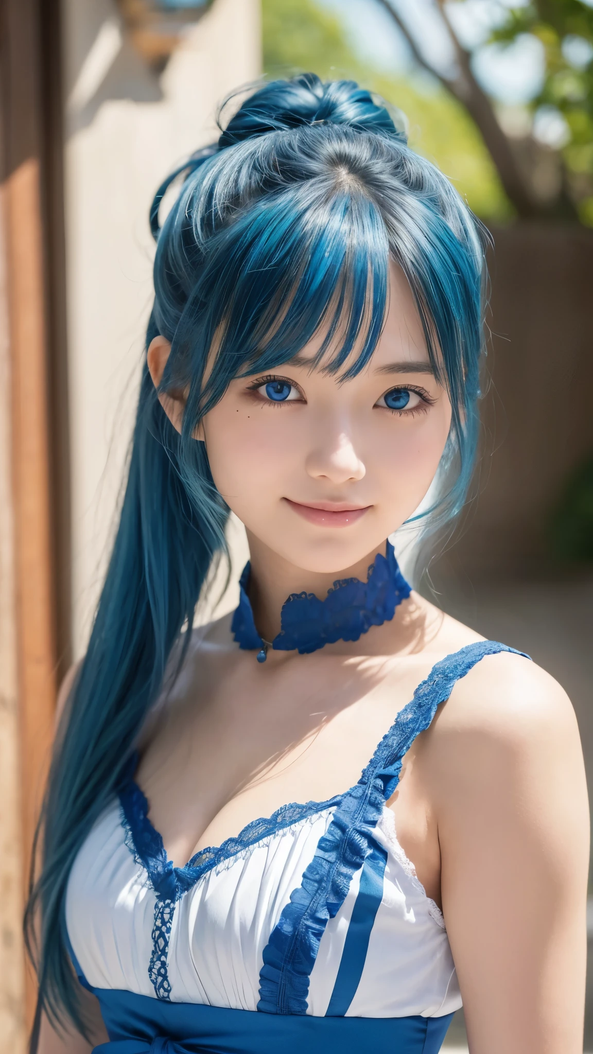 4K、finedetail、超A high resolution、Detail Face、Delicat eyes、gradient eyes、gradation hair、light tracing、realskin、Beautiful skin、((masterpiece、top-quality))、(1girl)、aqua\(konosuba\)、blue eyess、blue hairs、white thighhig、red blush、middlebreast、Swimsuit、hair adornments、hair rings、length hair、Konosbarashii Sekainiškufukuwo!