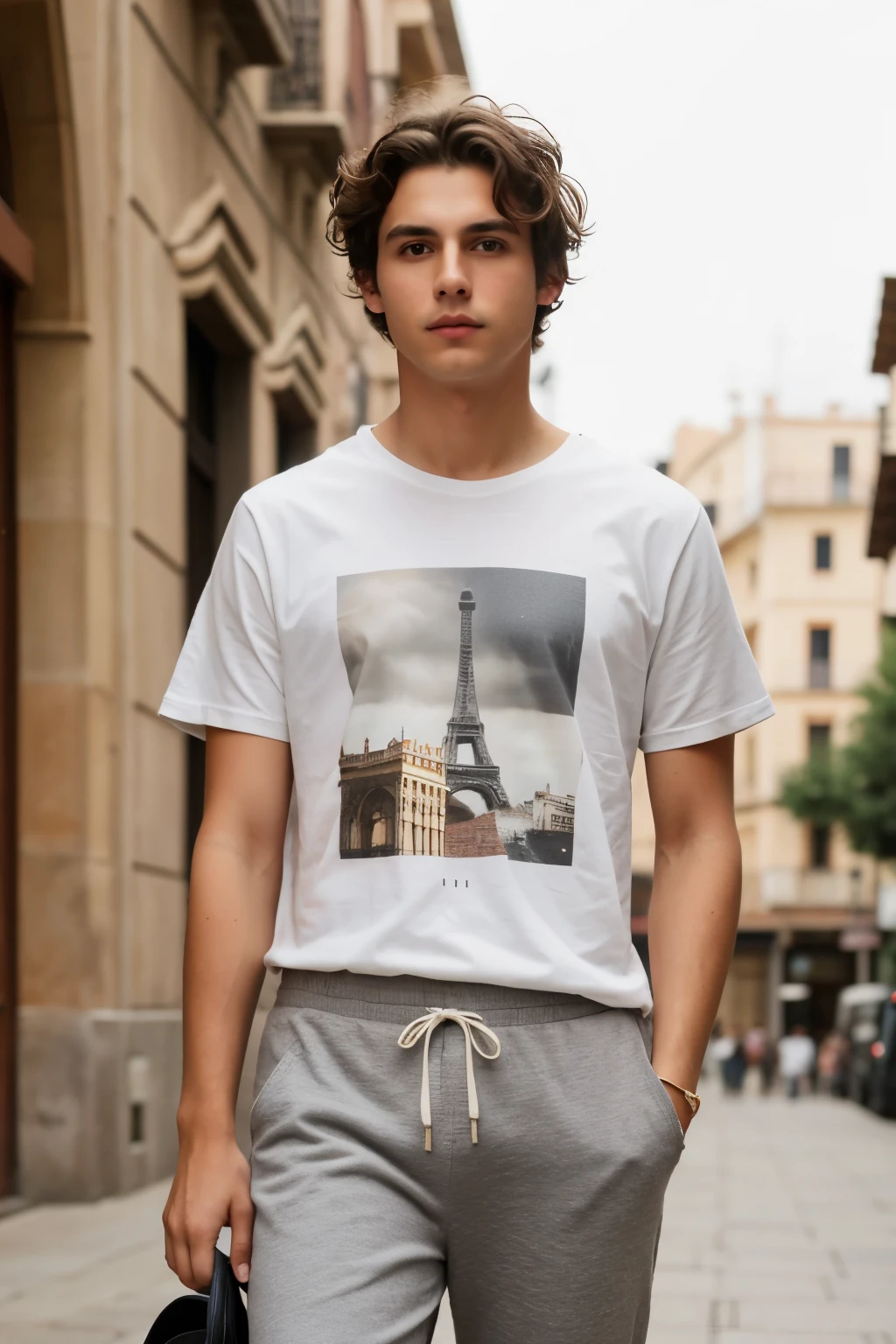 arte realista, disheveled brown hair boy, ojos plateados que brillan, nariz recta, lunares en las mejillas, vestido con una camiseta sencilla gris y pantalones granates. el fondo es una ciudad pero se ve difuminada.