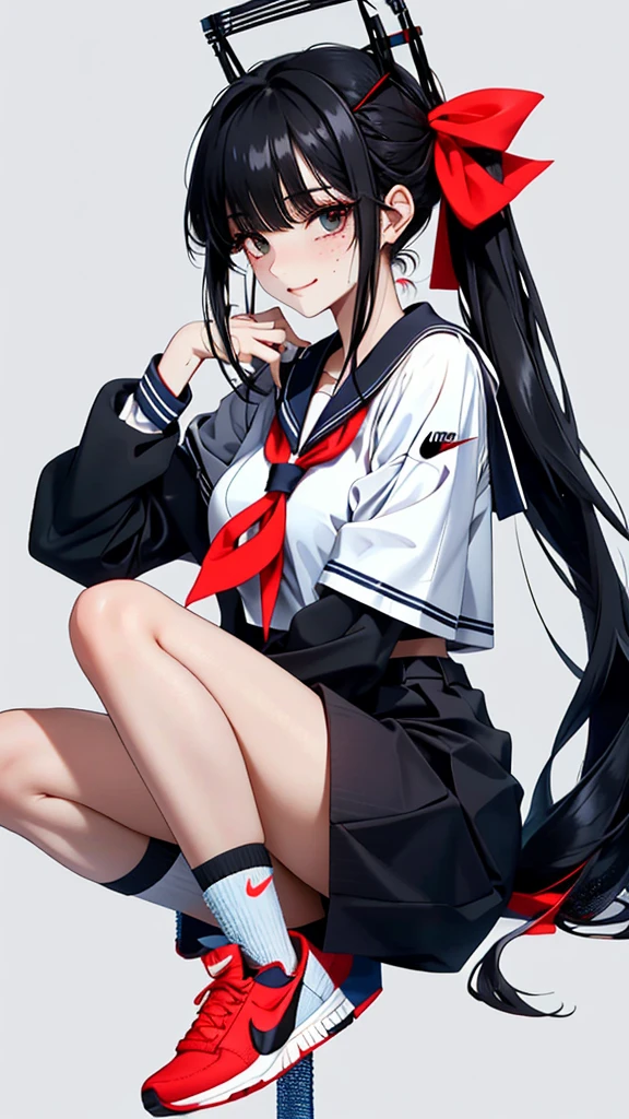 Black hair, bangs, curtained hair, crossed bangs, Long hair, Messy hair, pony tails, Very long hair, Black hair, bangs, curtained hair, crossed bangs, Long hair, Messy hair, pony tails, Very long hair, Big hair, (((red and black nike sneakers))), hair ear, hair tying, hair flaps, widow peak, head gear, Hair ribbon, kanzashi, hairpods, white hair ribbon, Moles under eyes, Raised eyebrows, eyeball, Evil smile, crazy, Shy, scowling, jitome, gloom (expression), Seductive smile, anime big breast, Minimalism, Anime style, anime big breast, Minimalism, Anime style,hyper HD, retinas, Masterpiece, ccurate, Textured skin, Super detail, High quality, High details, Award-Awarded, Best quality, A high resolution, 16k, hyper HD, retinas, Masterpiece, ccurate, Textured skin, Super detail, High quality, High details, Award-Awarded, Best quality, A high resolution, 16k((Cute Sailor Suit))((Old cityscape background))((Photograph the whole body))