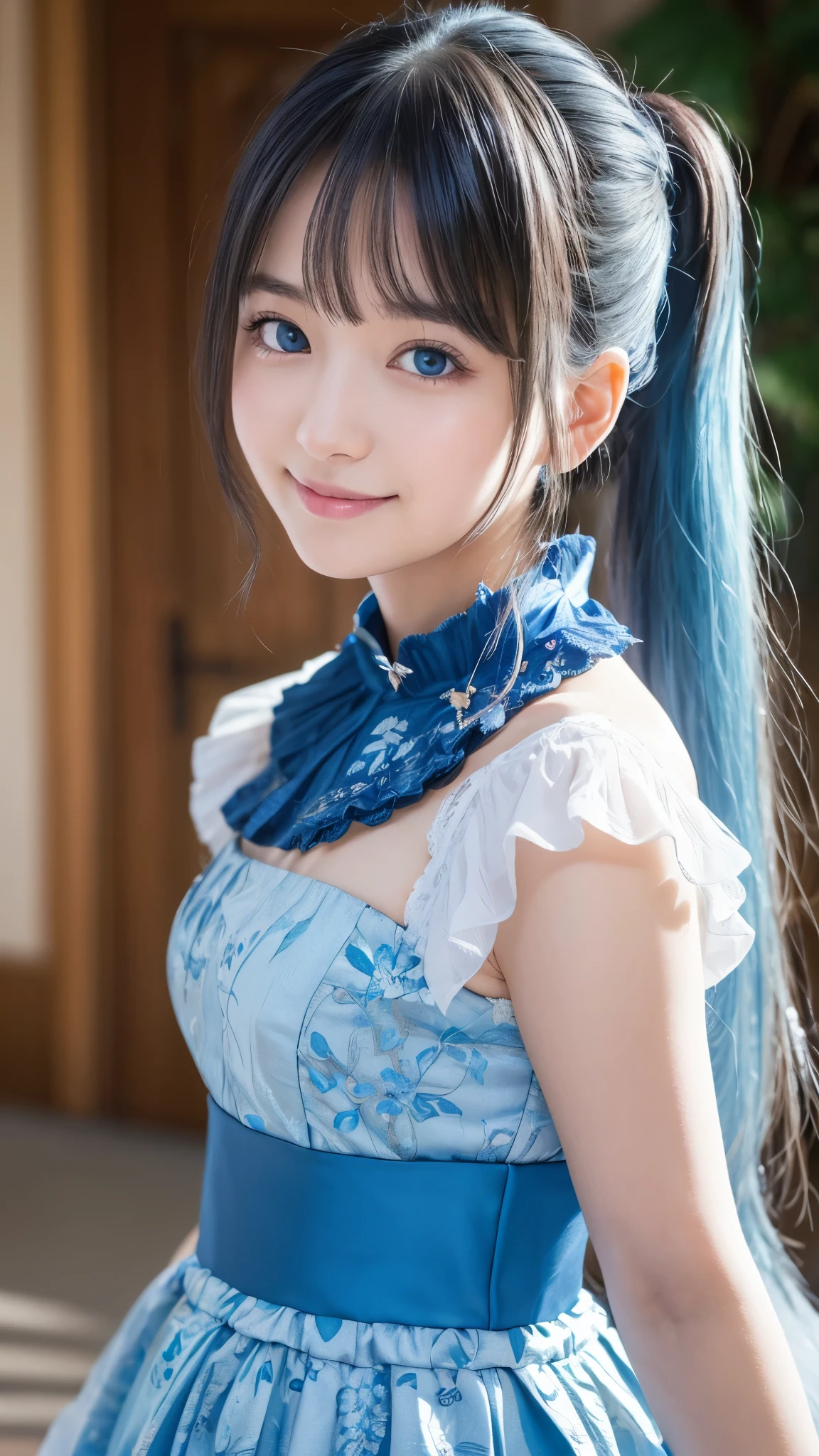 (masterpiece), (highest quality), (Super detailed),(Disheveled Hair),(figure), (One girl), Are standing, smile, Beautiful fine details, Bright Blue Eyes, Beautiful face in every detail, (kamisato ayaka: 1.2), Focus on the face,  ponytail, kamisato ayaka(Genshin Impact), Light blue hair, Detailed Hair, bangs, Best lighting, Best Shadow, Very detailed, Vibrant