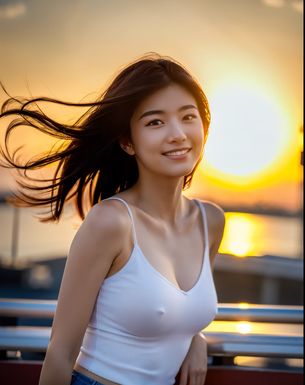 (highest quality,masterpiece:1.3,Ultra-high resolution),(Super detailed,Caustics,8k),(Photorealistic:1.4,RAW shooting),Japanese,23 years old,cute,Are standing,(smile),(Looking into the camera),Black Hair Middle Hair,,White blouse,Knee-length skirt,Strong winds,Hair blowing in the wind,Rooftop,Backlight,Sunset,Sunset sky,(Bust up shot),(Face Focus),(Face close up:1.1),Low position,Low - Angle,Natural light