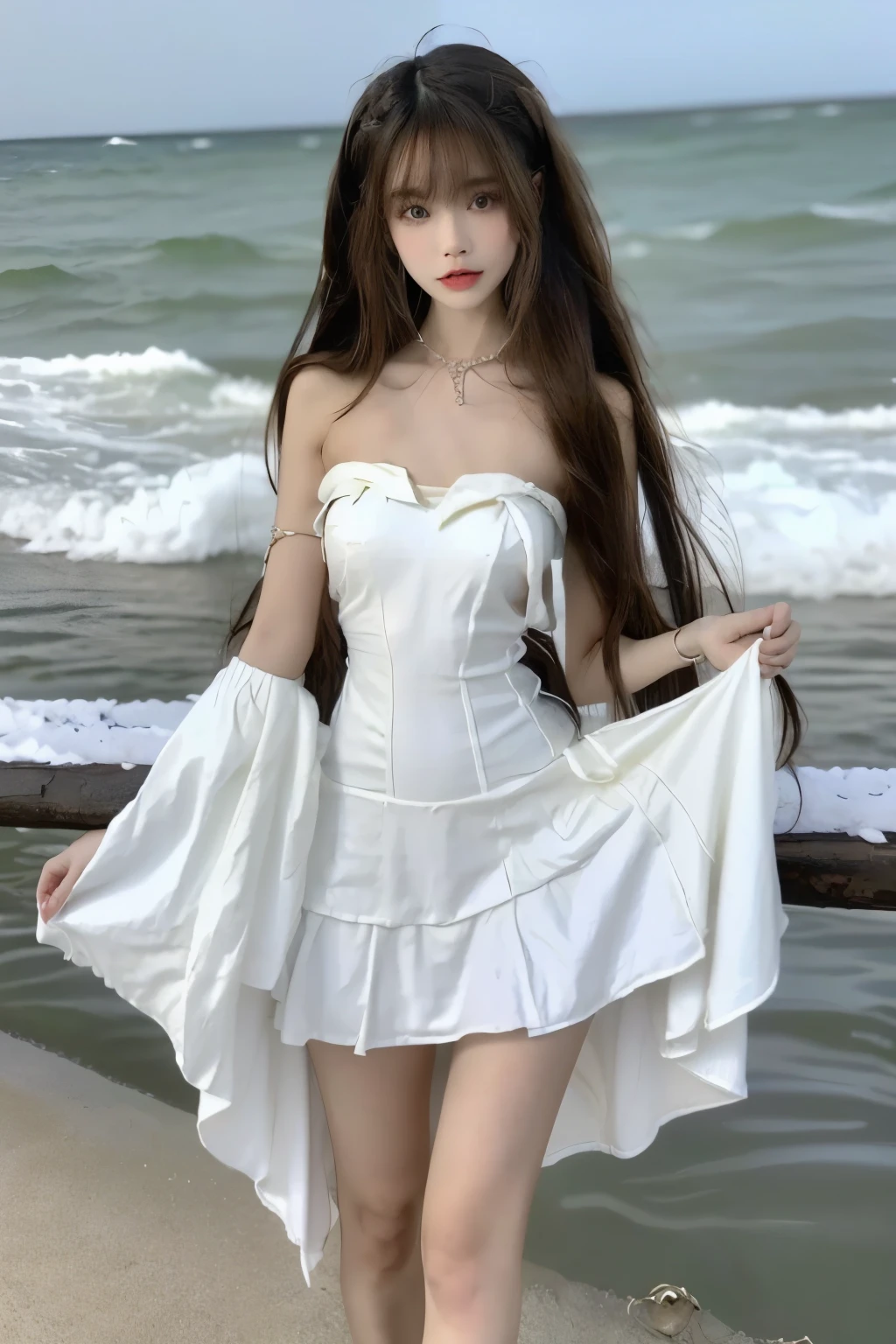 Beautiful woman with perfect body:1.4,Layered Hairstyle,Highly detailed face and skin textures,Double eyelids,Skin Whitening,Long hair,Whitened long legs,(Princess dress,Chest chain),Standing by the sea,Half-length photo