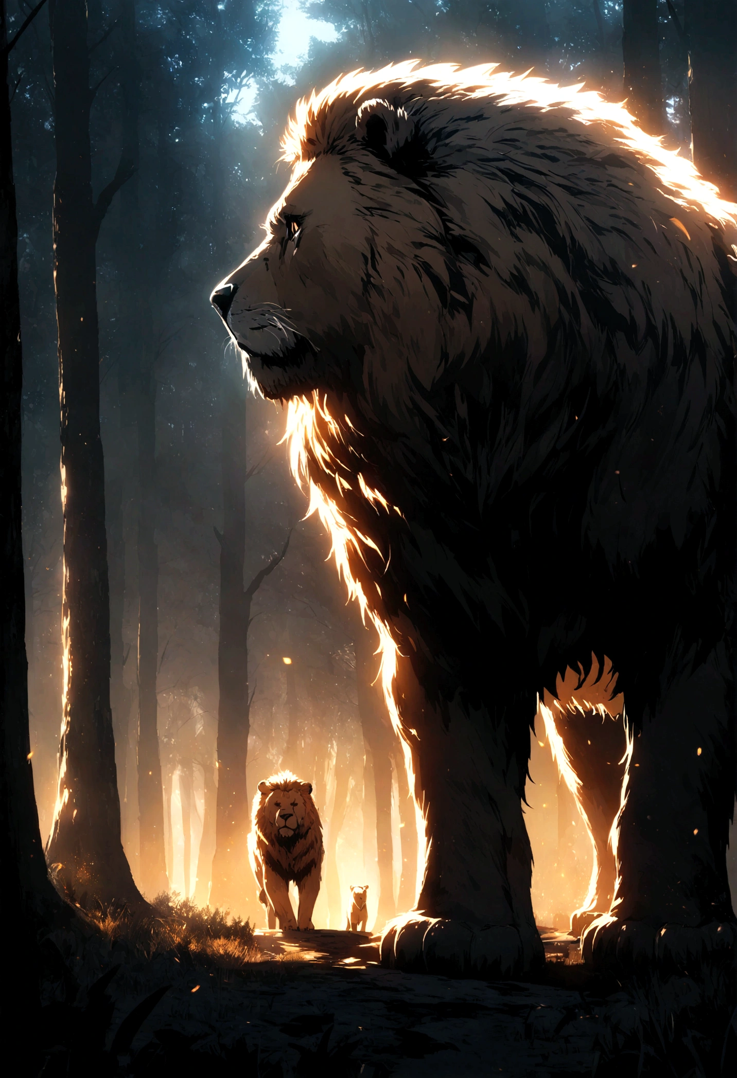On the left, a majestic grizzly bear standing tall in a forest setting. On the right, a fierce lion in the savannah. Cinematic and dramatic lighting, high contrast, detailed fur and mane texture, epic atmosphere.
