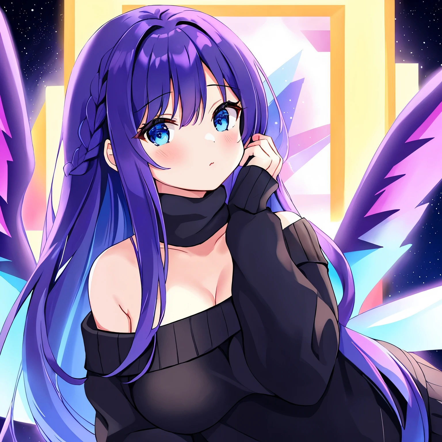 ((best quality)), ((masterpiece)), (detailed), 1girl, off-shoulder black sweater, purrple hair, blue eyes, huge , blue galaxy background, godess, neon light wings, ice